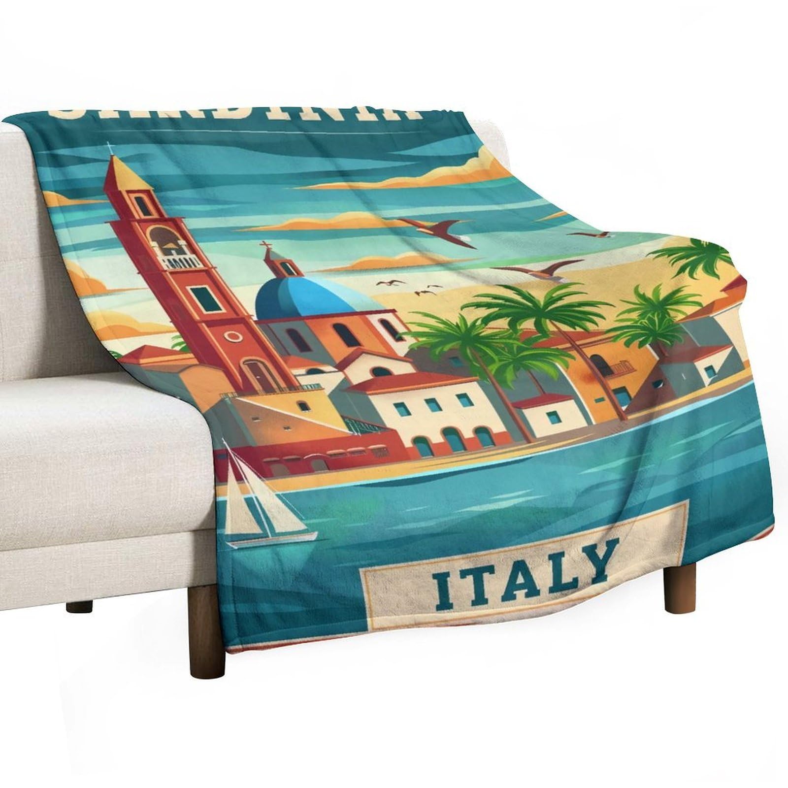 YHGSREUOH Mediterranean Sardinia Sunset Church Bell Tower 03 Flannel Blankets Fleece Soft Throw Lightweight Plush Gifts for Couch, Bed, Cozy Sofa Plush, Chair, Lovers 130x175cm(50x70in)