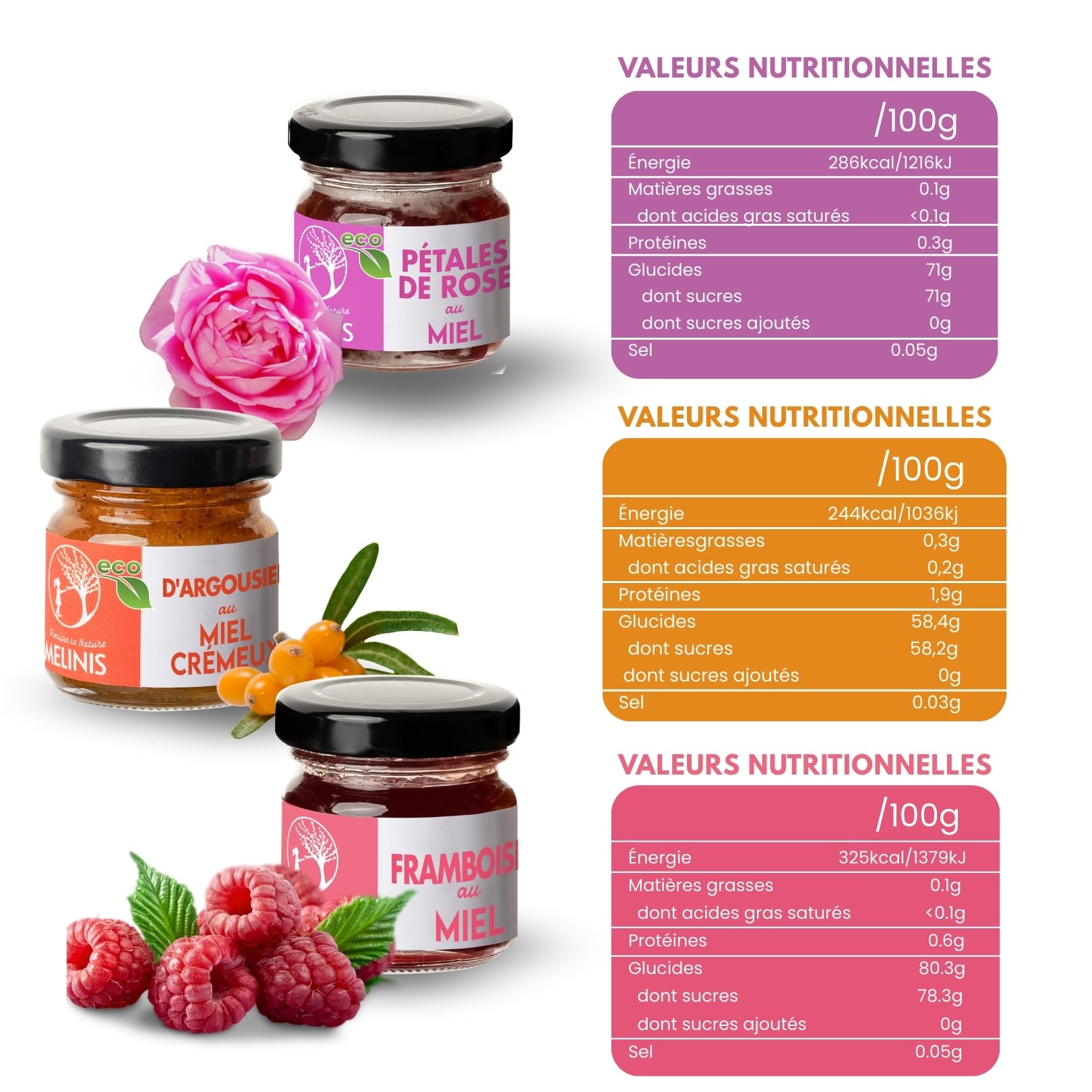 Coffret 3 × 40 g Crèmes de Miel Bio – Acacia à l’Argousier, à la Framboise et à la Rose – Sans Sucre Ajouté – Pour Petit-Déjeuner, Desserts ou Cadeau – Melinis
