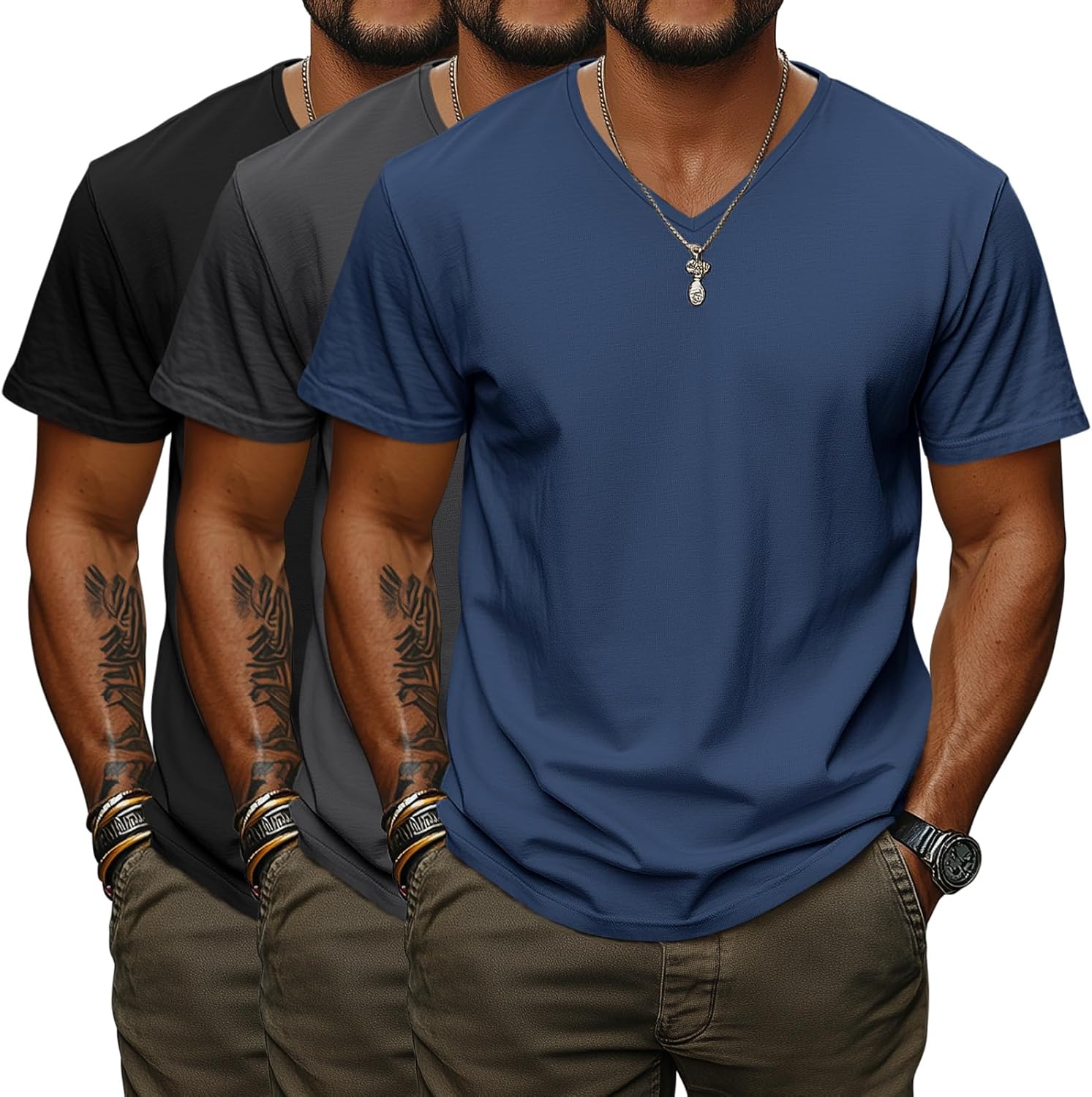 Ficerd 3 Pack Big and Tall V Neck Shirts for Men, Cotton Short Sleeve T Shirts Loose Casual Summer Basic Tee