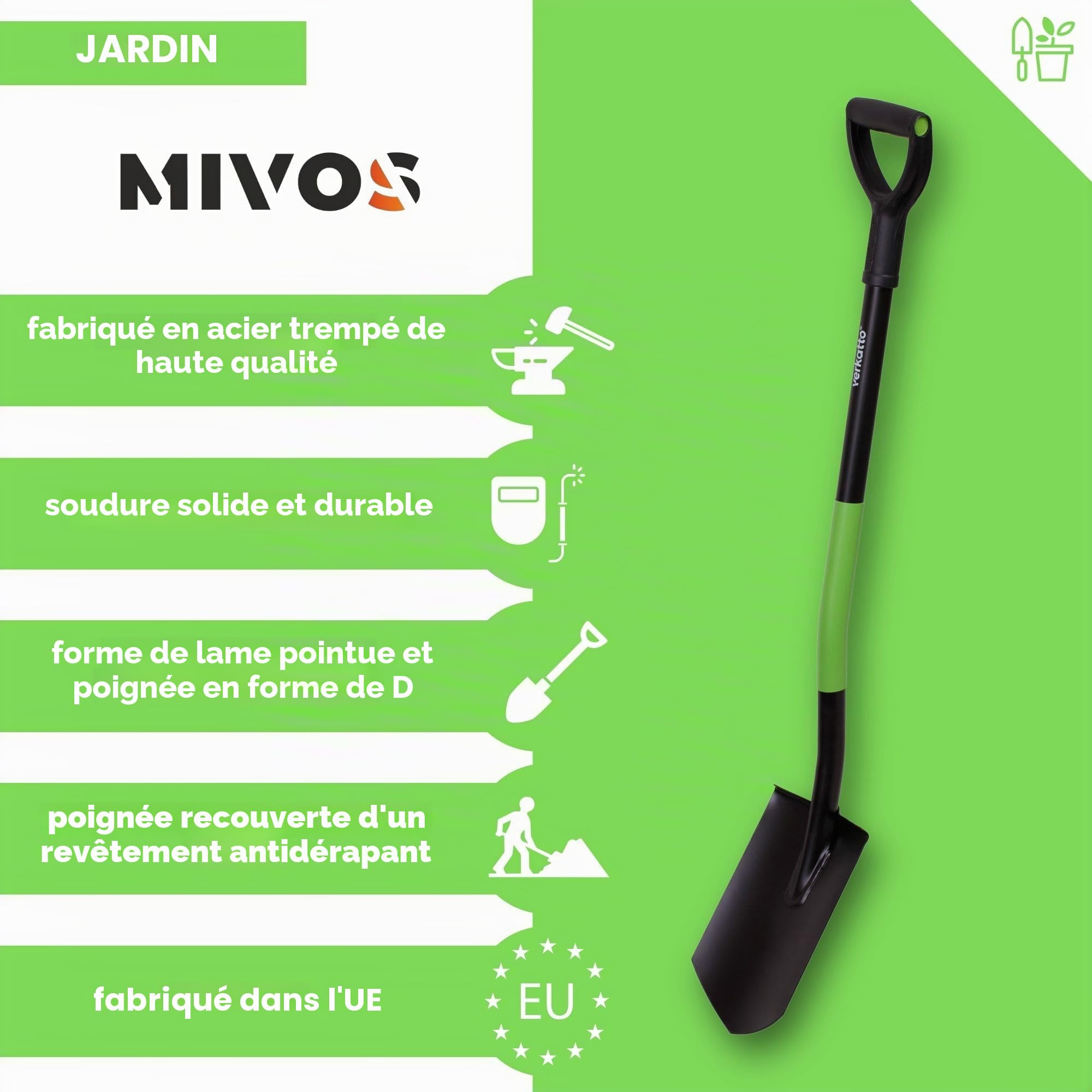 Mivos Petite pelle pointue - Mini pelle pointue pour le jardinage et la construction - Bêche courte - Bêche pionnière