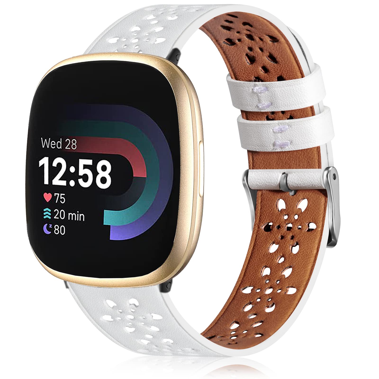 Leather Bands for Fitbit Versa 3 Bands/Versa 4 Bands for Women Men/Fitbit Sense Bands/Fitbit Sense 2 Bands,Floral Breathable Hollow Replacement Wristbands Band for Versa 4/Sense Watch,Black