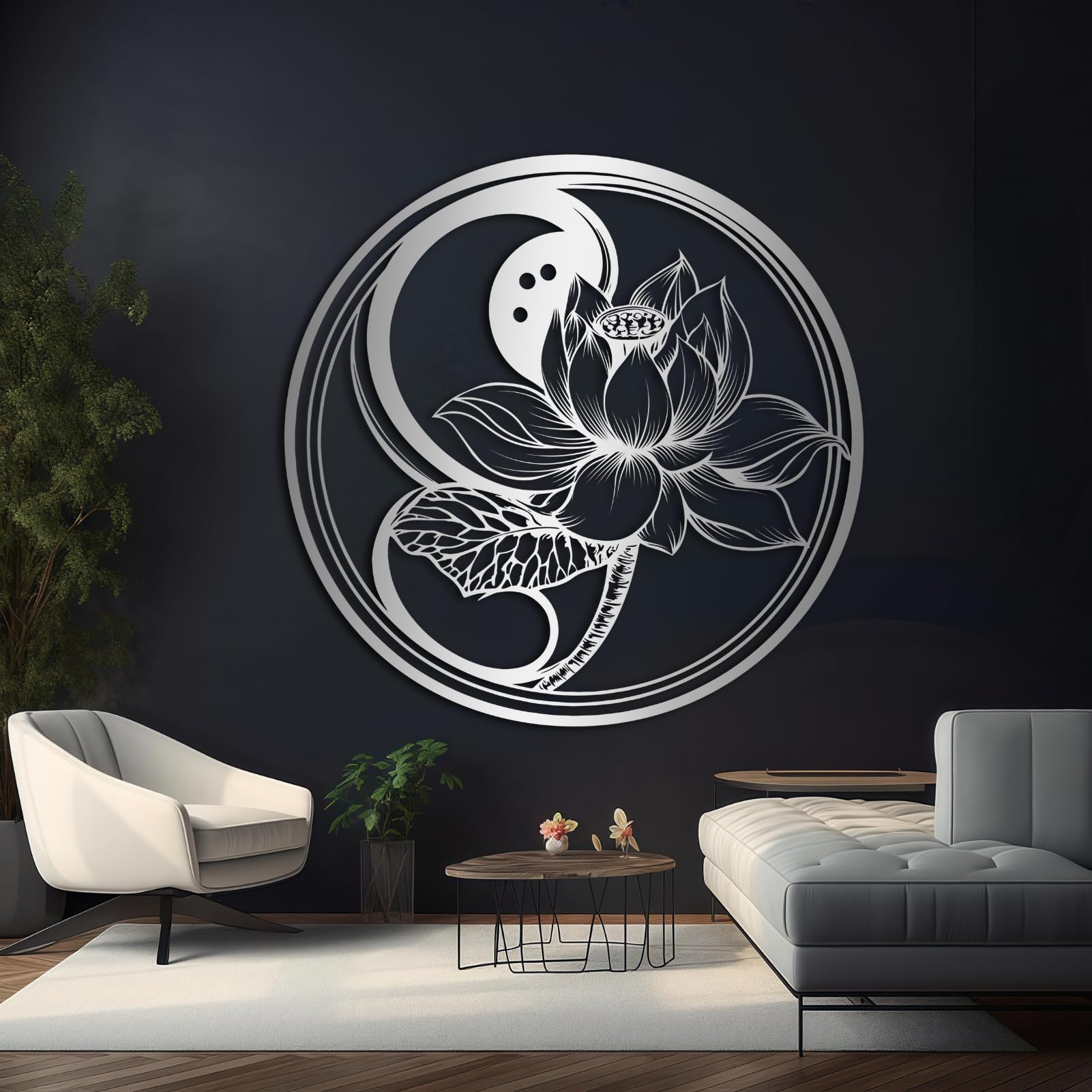 - Maclou Lotus Metal Wall Art,Lotus Flower Wall Decor,Zen Metal Wall Art for Bedroom,Living Room,Bathroom (Silver,47" x 47" / 120 x 120 cm)
