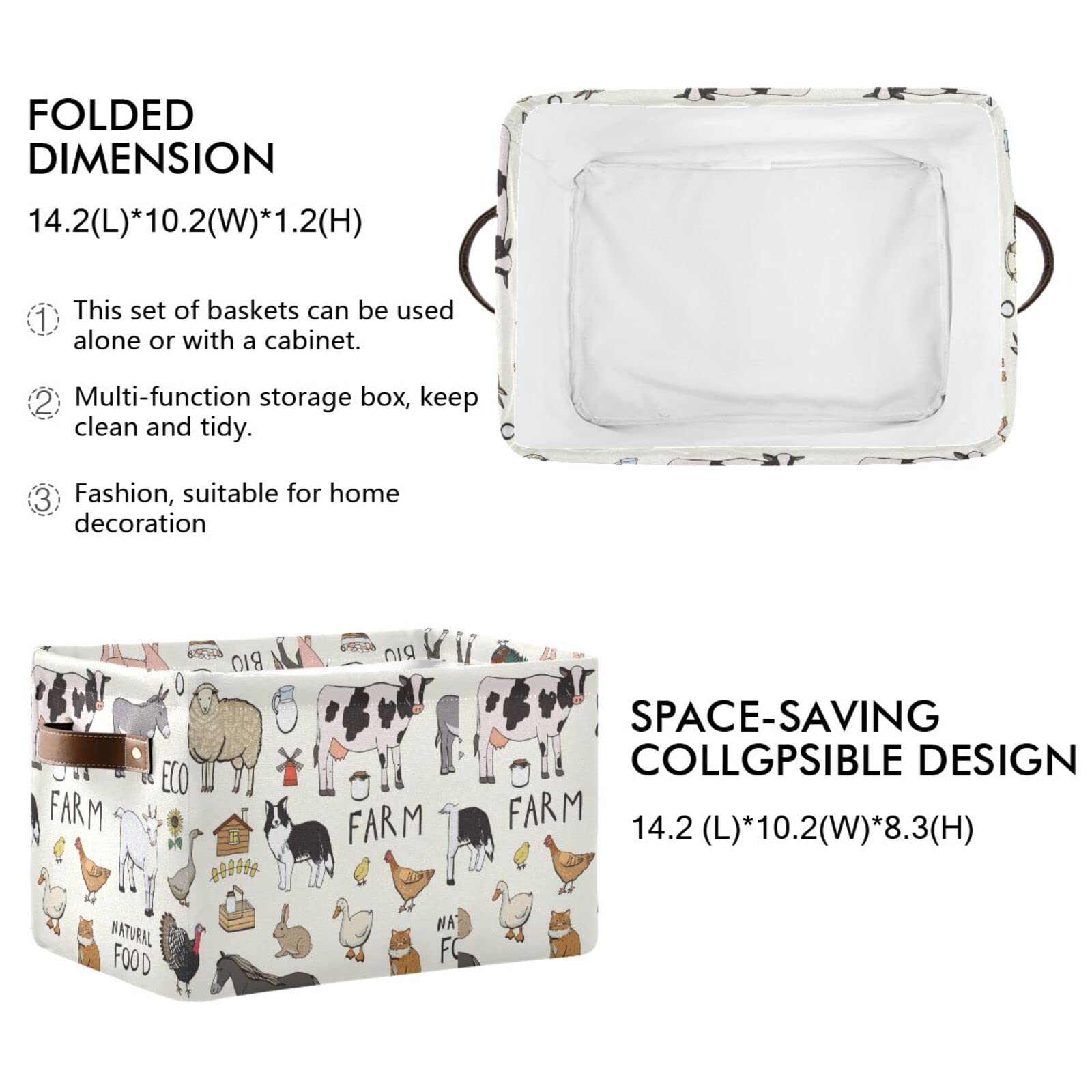 xigua Farm Animals Storage Basket Storage Bin Organizer Basket, Foldable Rectangular Storage Box with Handles for Home Office