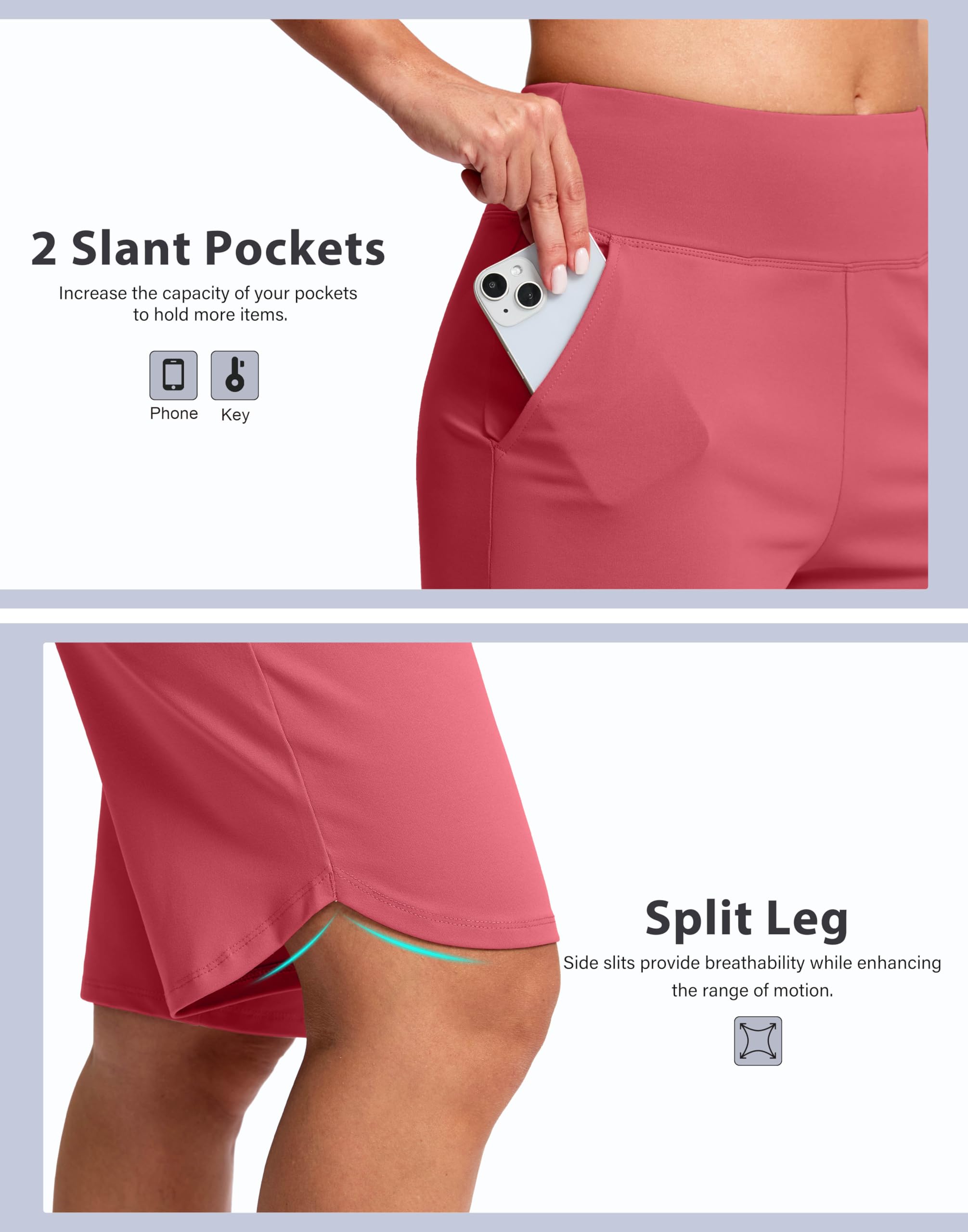 SANTINY Bermuda long de 30,5 cm de long pour femme, longueur genou avec poches, short extensible taille haute pour la marche d'été