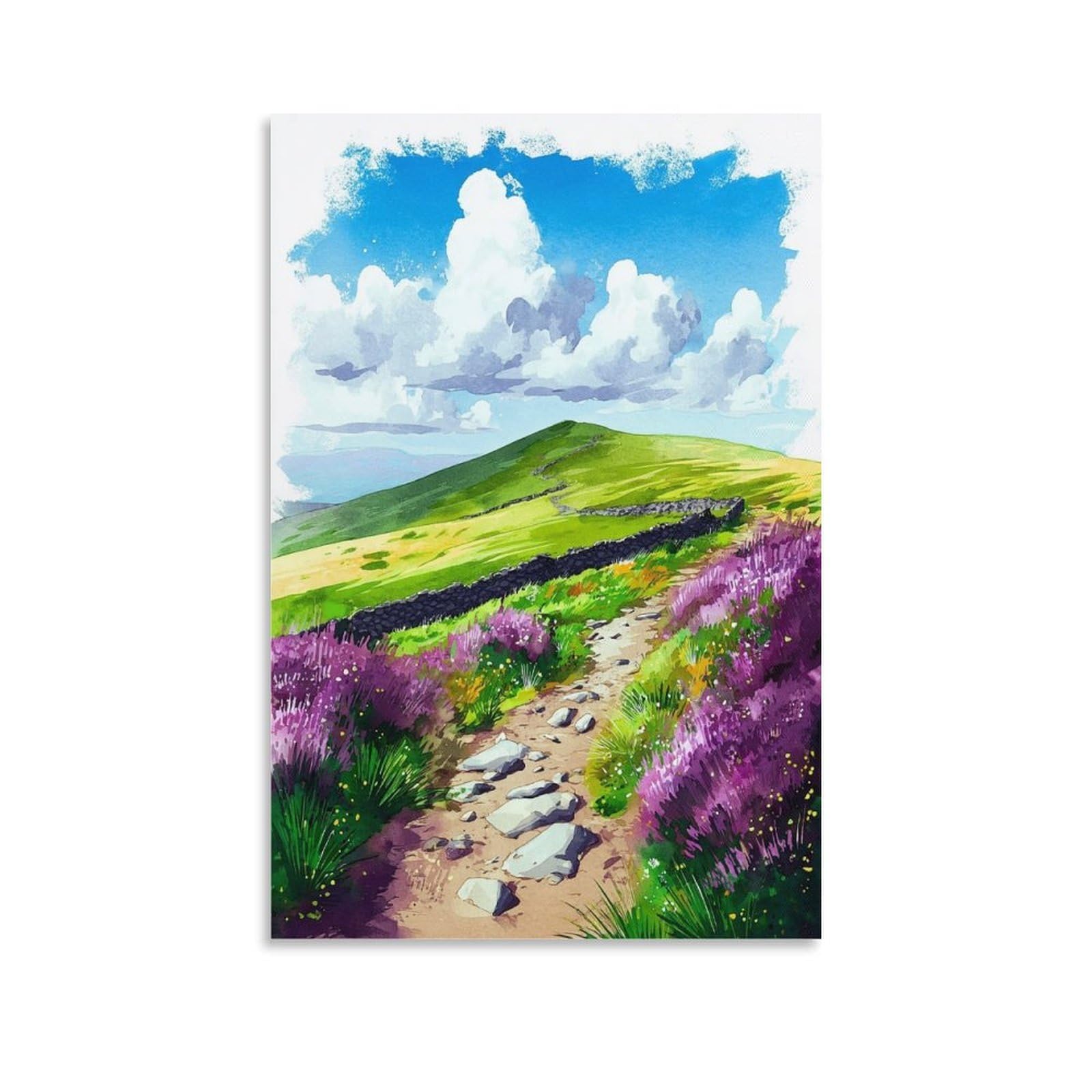 CTZIKWW Cheviot Hills Northumberland 20x30inch(50x75cm) Vintage Watercolor Canvas Wall Art