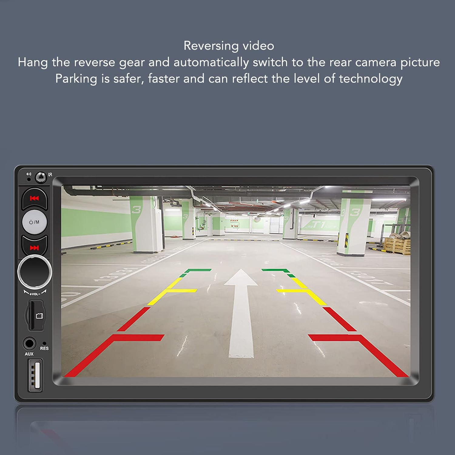 Car MP5 Player screen displaying a reversing camera view with parking guidelines
