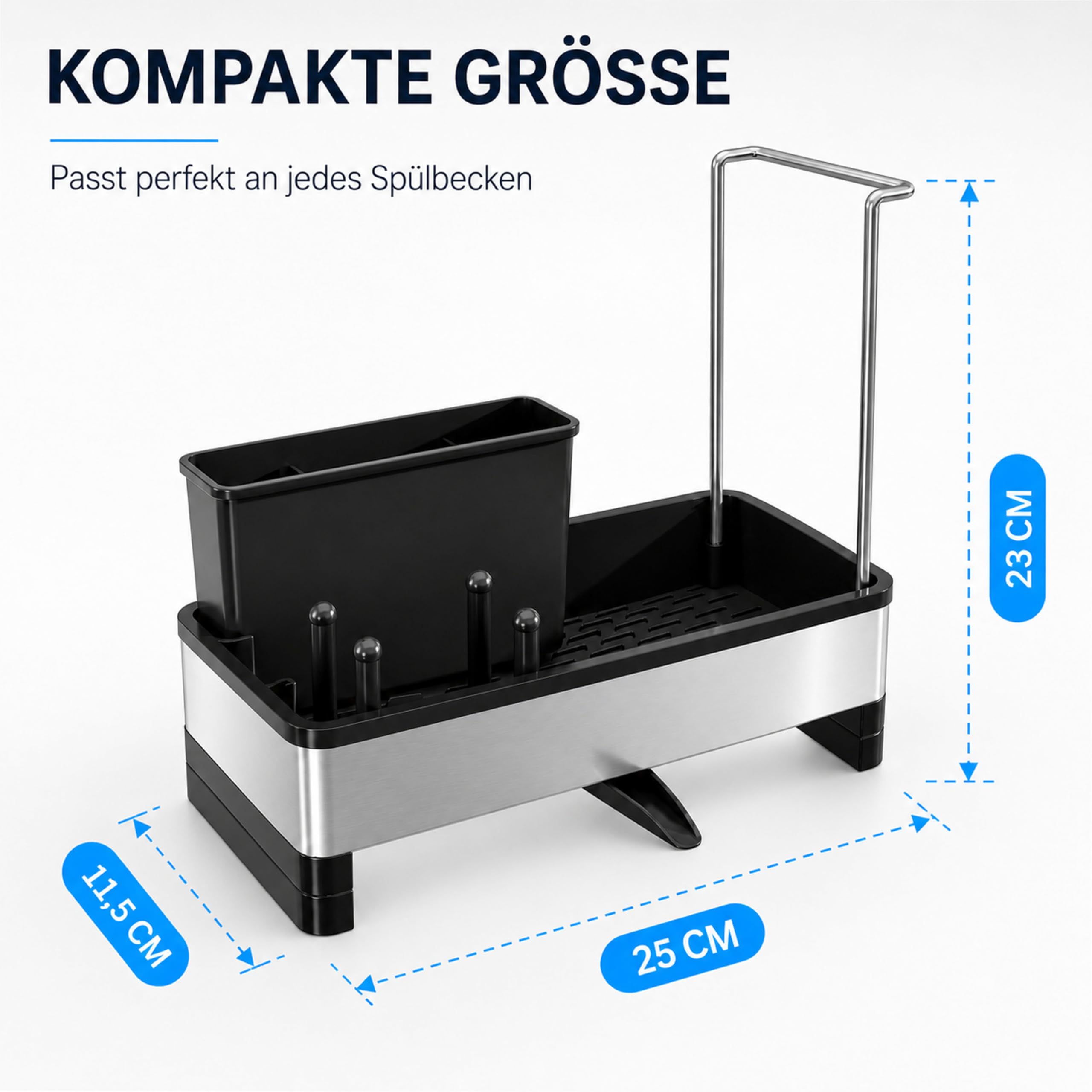 URMONA Spülbecken-Organizer Edelstahl mit Ablaufwanne und Spültuchhalter | Schwammhalter Küche, Spülmittelhalter und Bürstenablage, Küchenutensilien Aufbewahrung, Ordnung für die Arbeitsplatte, Grau