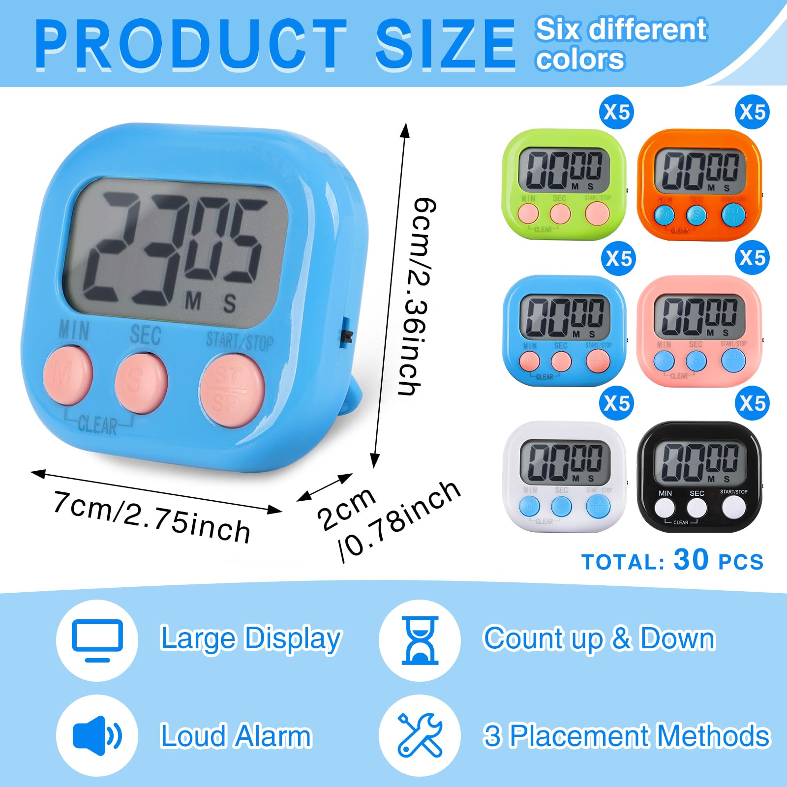 Cyfrowy minutnik kuchenny, luzem, magnetyczne timery do klasy, wyświetlacz LCD, głośny alarm, elektroniczny minutnik sekundy dla nauczyciela, ćwiczeń, gotowania, pieczenia (6 kolorów)