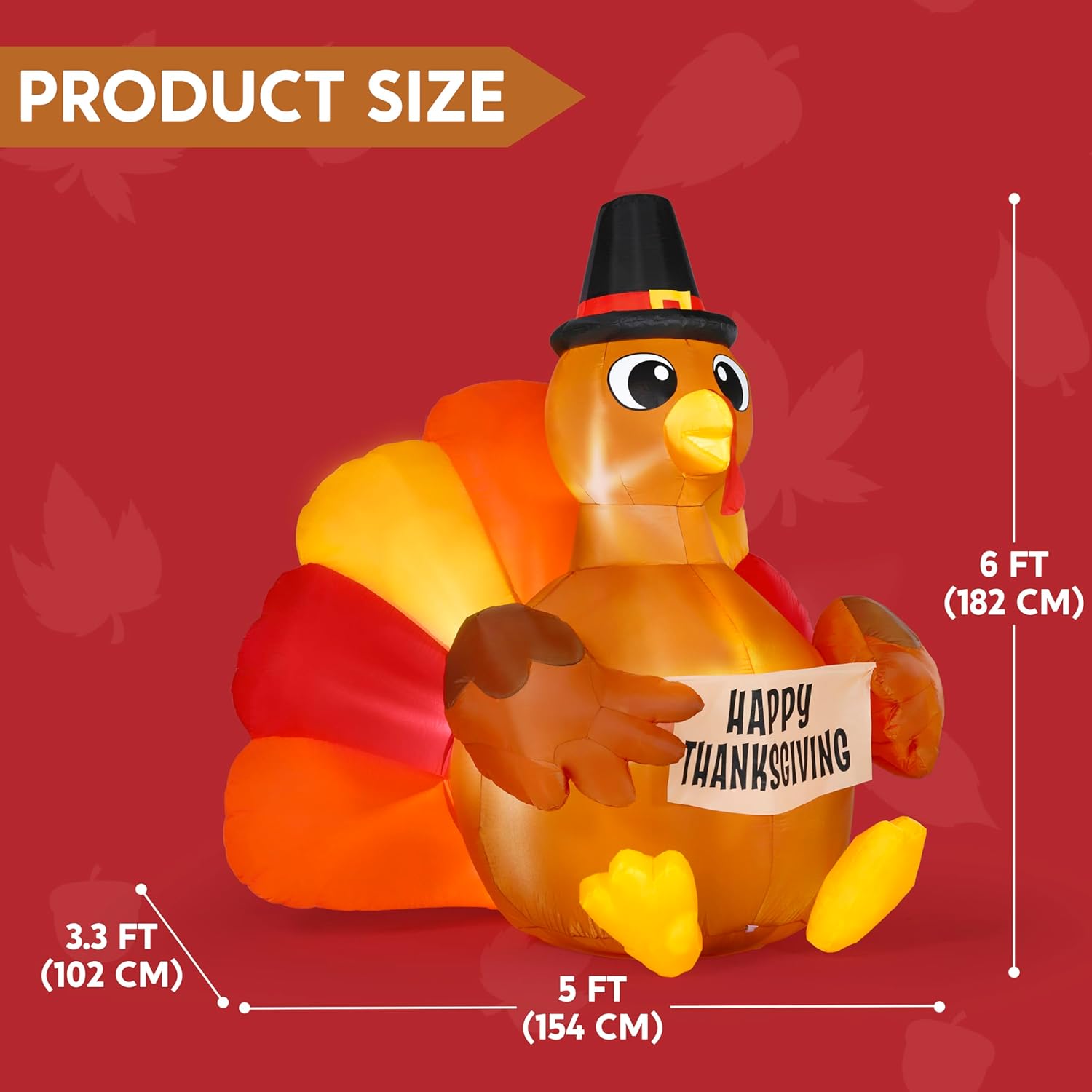 JOIEDOMI 6FT Thanksgiving Inflatable Turkey Decoration Outdoor, Light Up Inflation Turkey with LED, Happy Thanksgiving Blow Up Yard Decorations for Outside, Yard, Garden, Lawn, Party Supplies