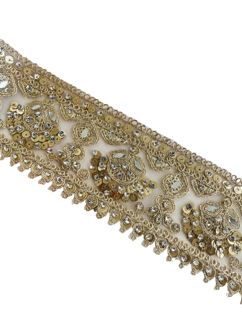 Dentelle dorée strass et paillettes au mètre pour robe de mariée couture