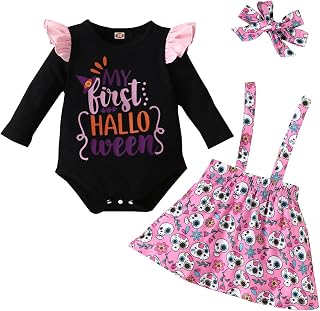 Baby Girl Halloween Suspender Skirt Outfit Long Sleeve Floral Romper+Pinafore Dress+Headband 3pcs Suits