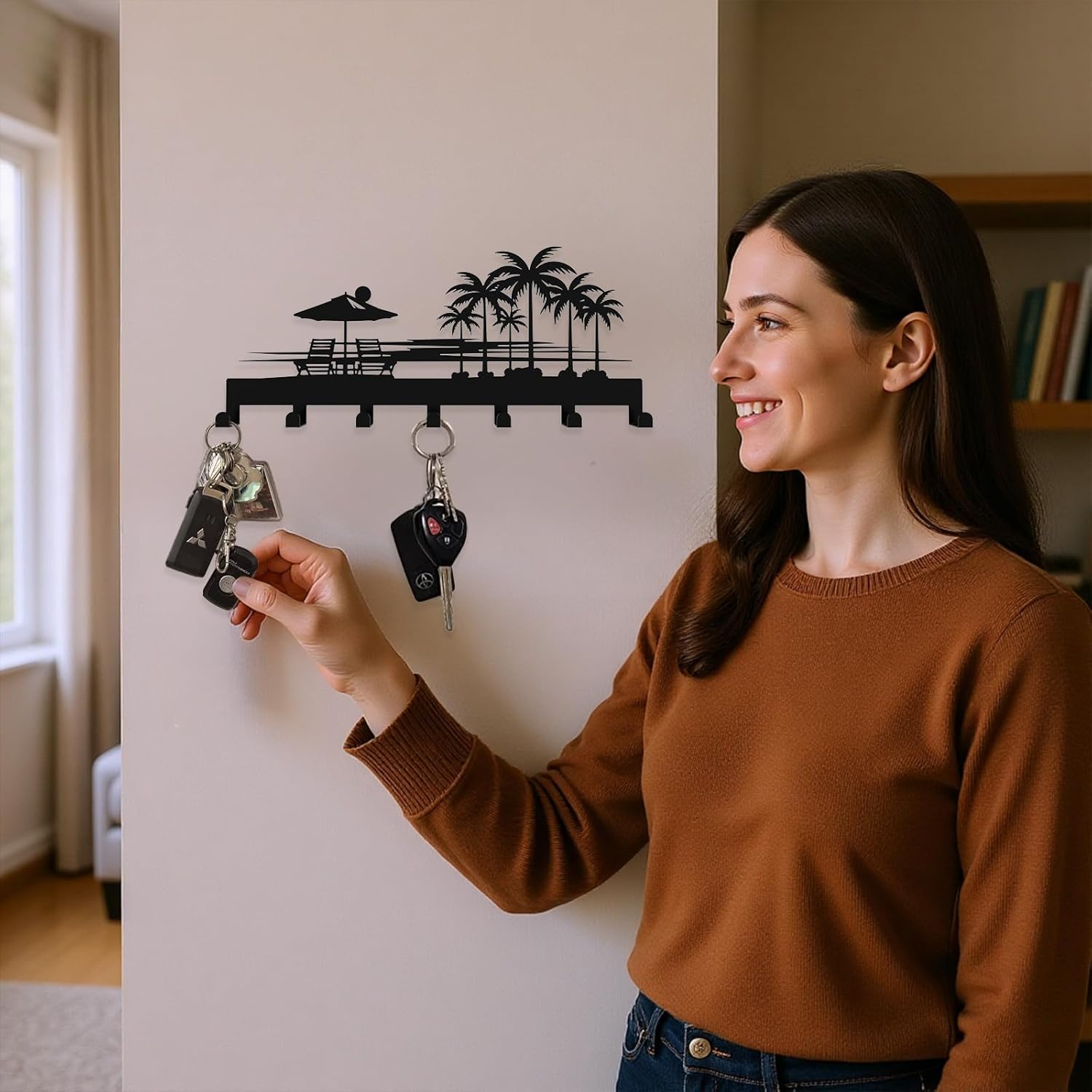 Tropical Style Key Holder Wall Mount with 7 Hooks, Key Hanger Organizer for Front Door, Hallway, Entryway & Office Decor, Featuring Sunset and Coconut Tree Design - Image 6