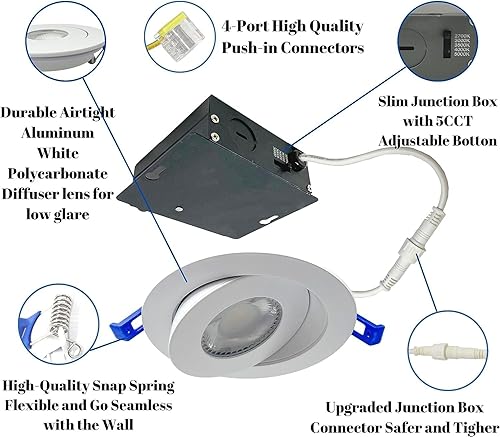 Miniatura 2 de RS - Luz LED empotrable de 4 pulgadas, 5CCT, cardán ocular, 9 W, hasta 860 lm, regulable, clasificación IC, 2700K-3000K-3500K-4000K-5000K