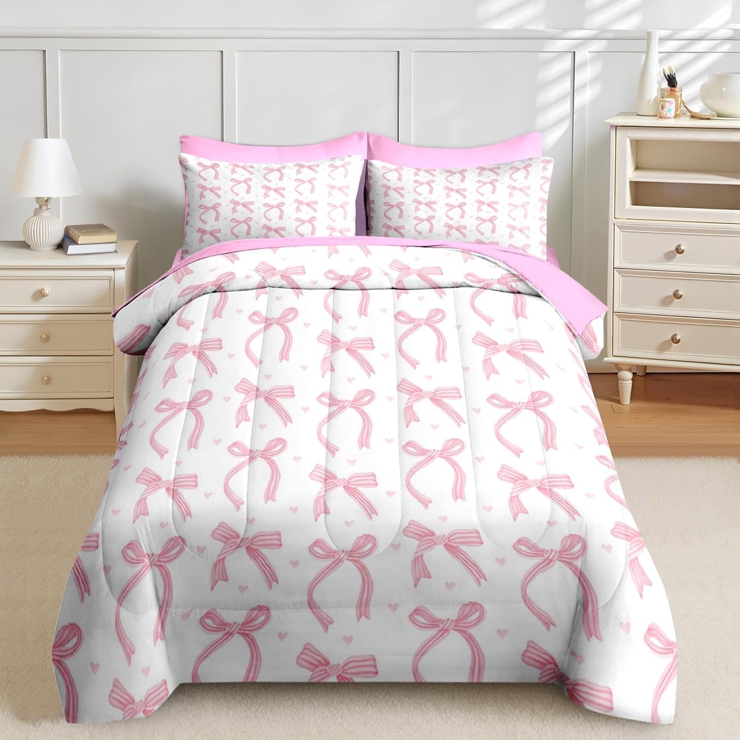 Nesker 7 Pcs Comforter Set Queen Size, Pink Bow Love Bedding Set for Kids and Adults, Pretty Trendy Girly Bed Sheet Sets with Fitted Sheet 2 Pillowcases & 2 Shams