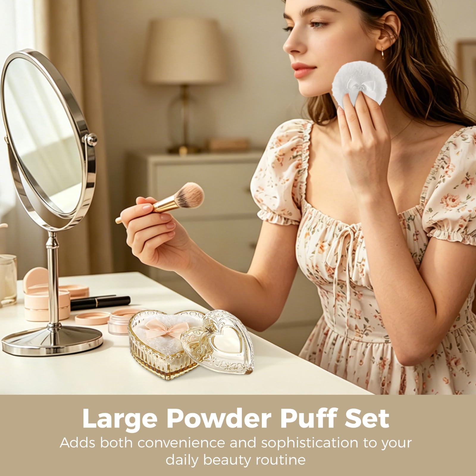 Lot de 3 houppettes à poudre grand format, récipient en verre en forme de cœur, houppettes de maquillage douces et moelleuses, lavables et réutilisables, déco de coiffeuse jaune, pour maquillage sec