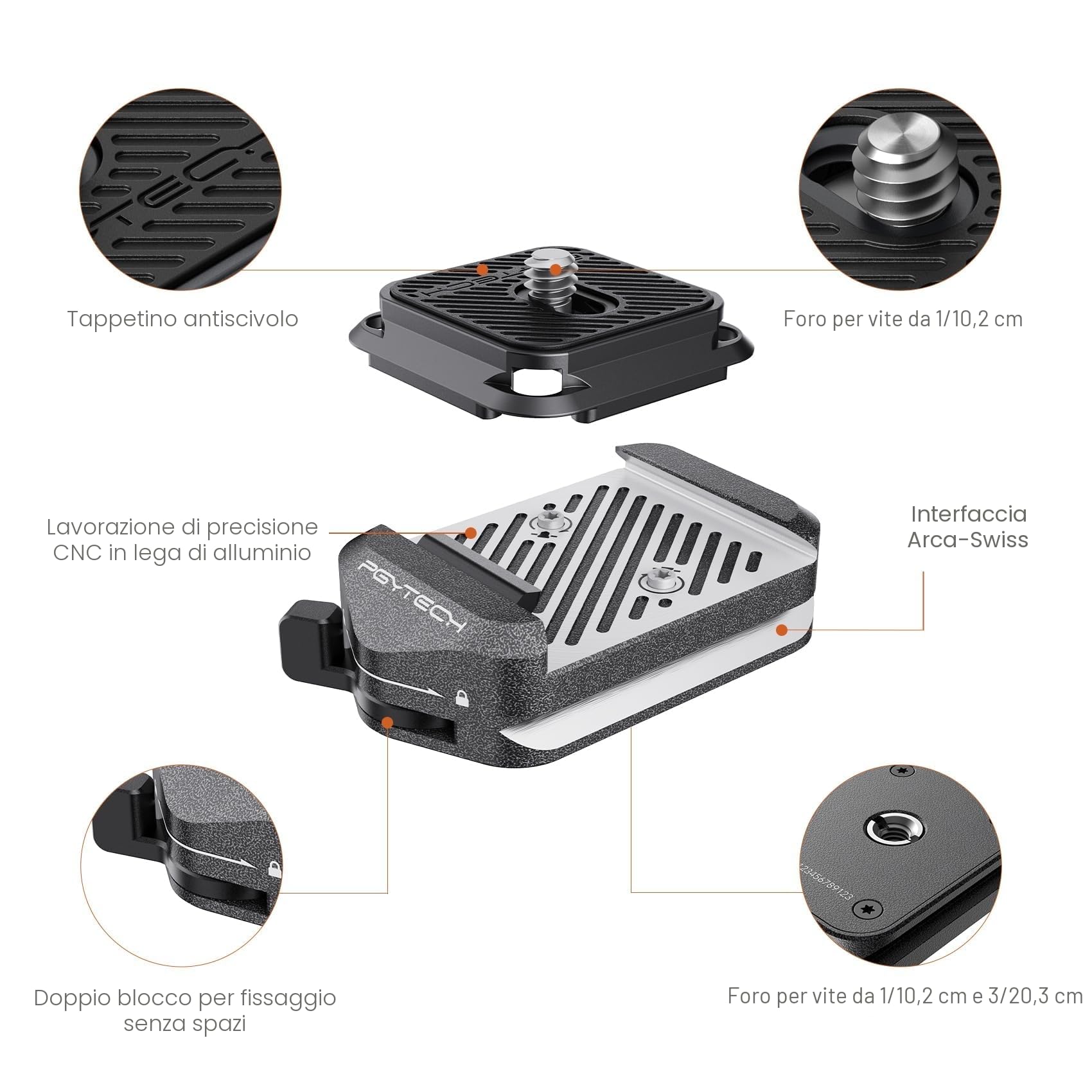PGYTECH Piastra & Morsetto Arca-Swiss V2 a Rilascio Rapido, con Filettatura 1/4"-3/8" per Sony/Nikon/Fuji/DJI Passaggio tra Treppiedi/Gimbal/Slider/Stabilizzatori (Morsetto + Piastra)