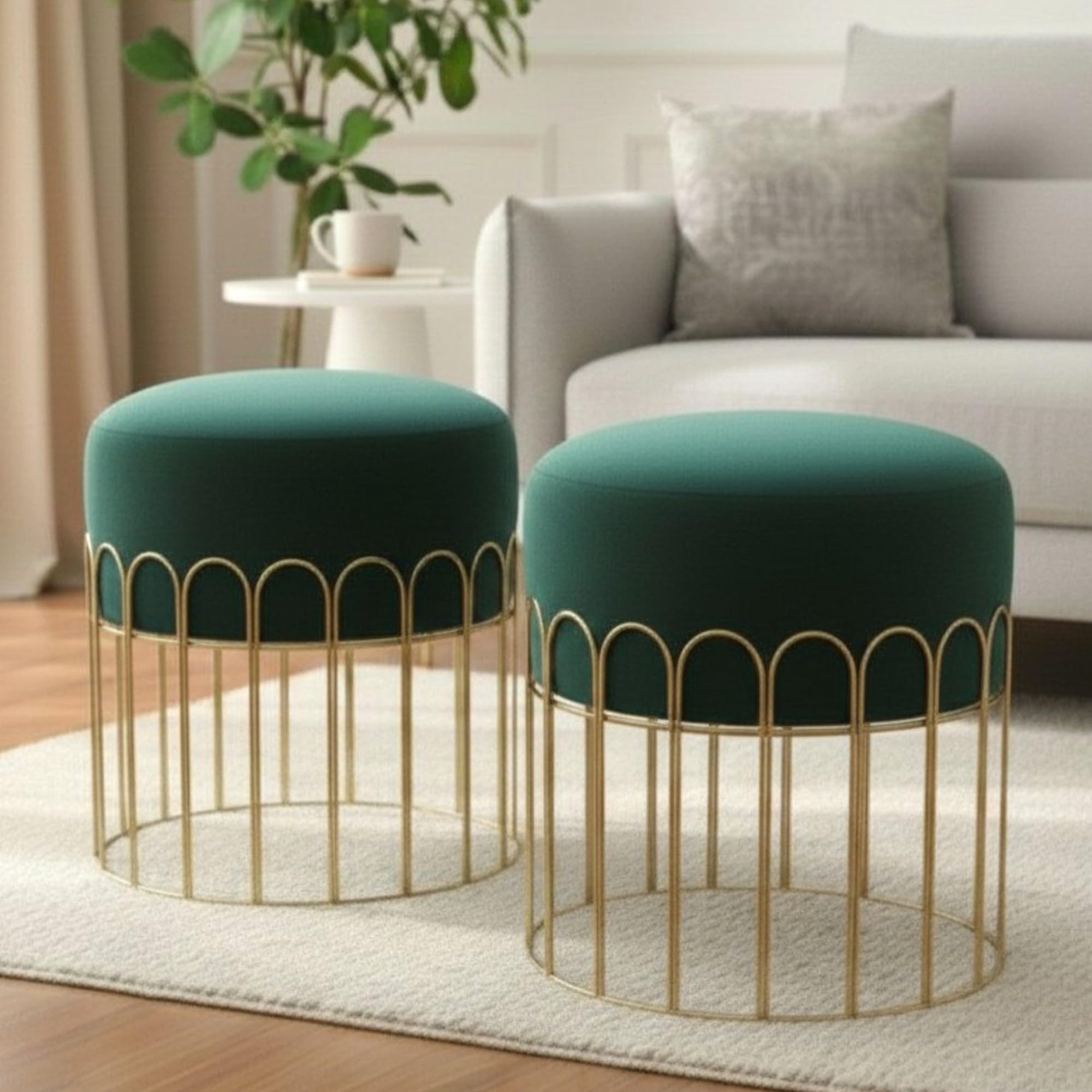 Premium Set of 2 Gold Metal Ottoman Pouffe stool & Footrest for Living Room & Bedroom | Bottle Green Soft & Classy Mosha Fabric With Arch frame | 18 inch height | Luxury Multipurpose Furniture & Decor-image-24