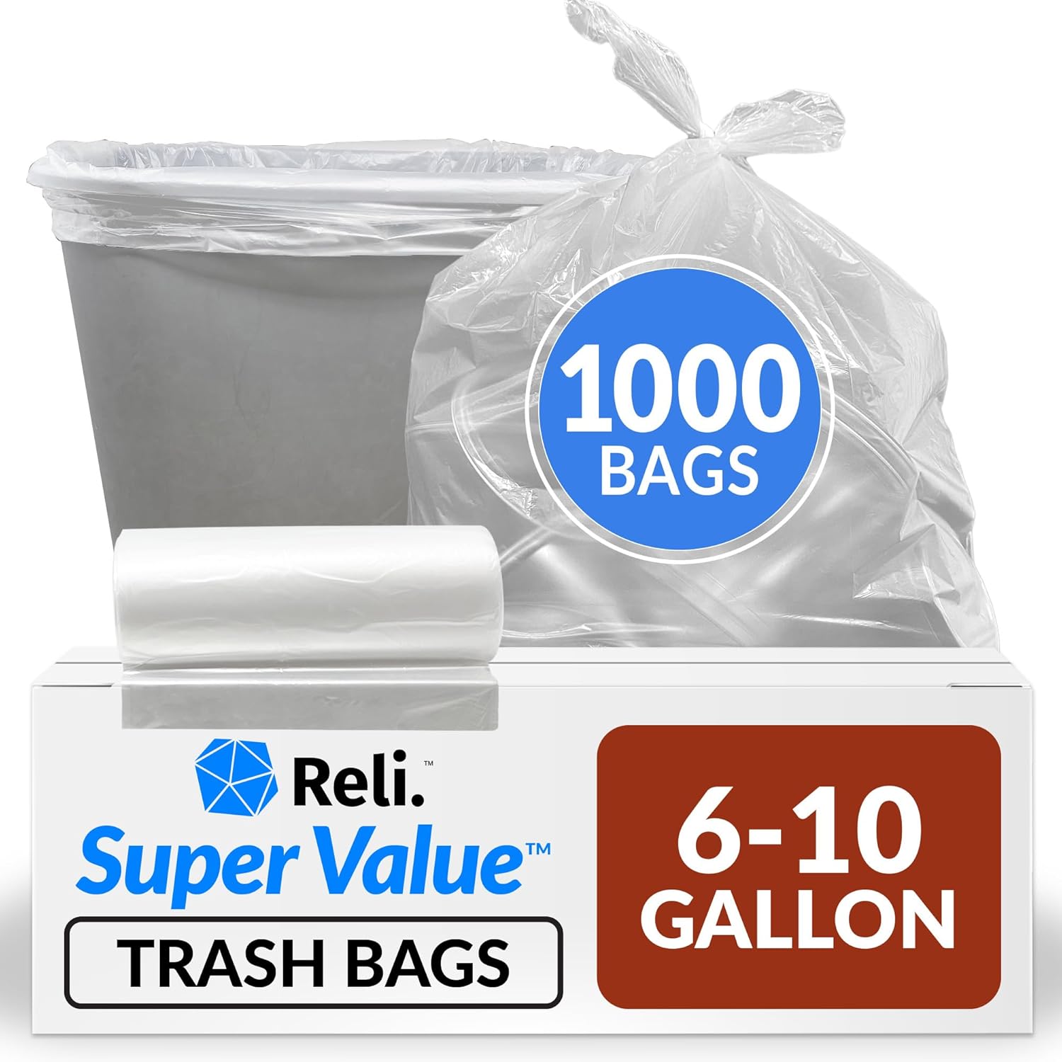 Reli 6-10 Gallon Trash Bags 1000 Bags Clear Bathroom Strong Garbage