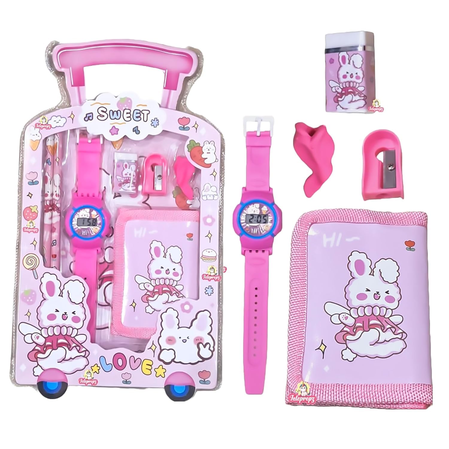 SAMVARDHAN 7 in 1 Stationery Gift Set for Children | Stationery Supplies Bundle with Digital Watch, Sharpener, Eraser, 2 Pencils, Wallet Pouch Return Gift for Kids (GIFTSET-9005-PACK1-SUMMER-PINK)