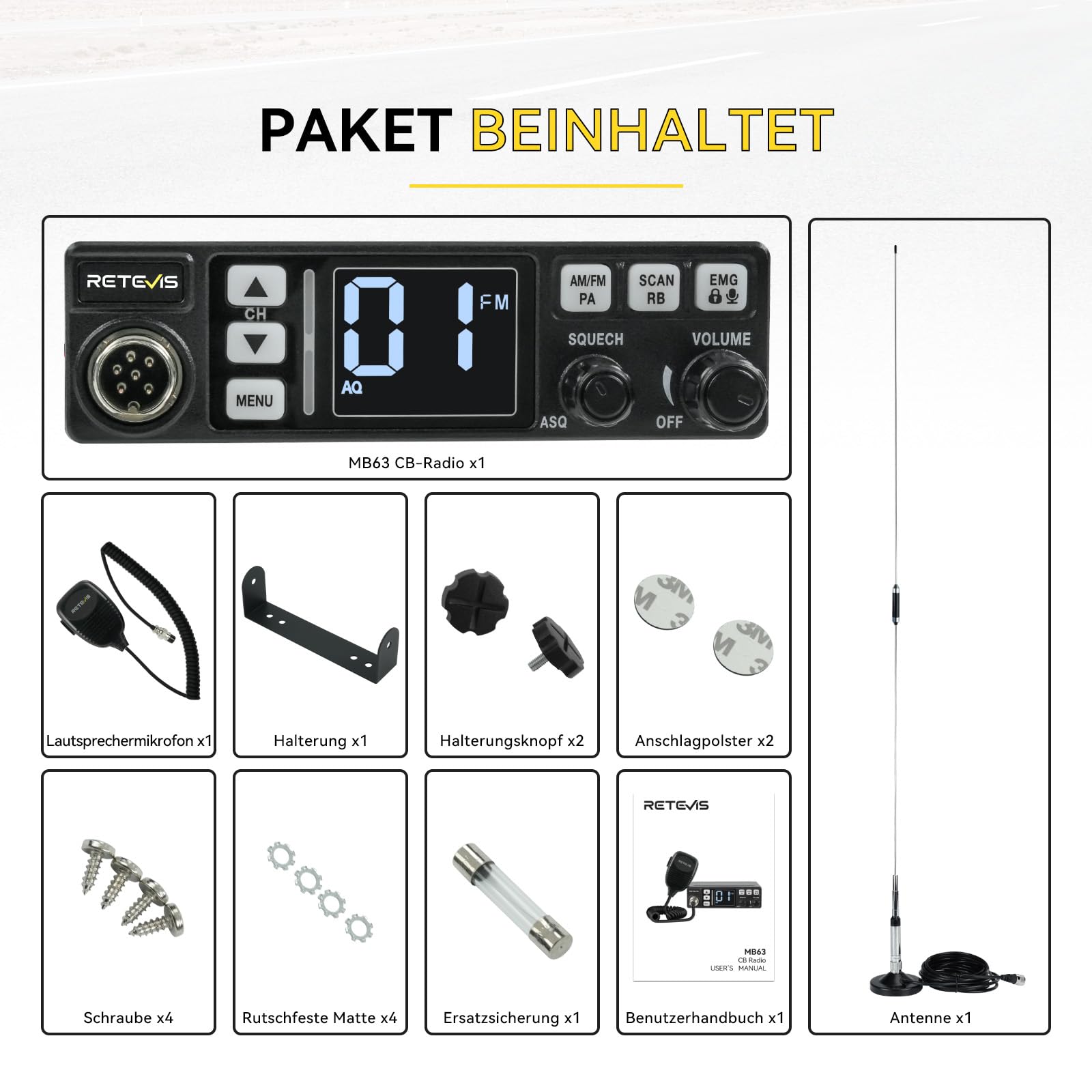 Retevis MB63 CB Funkgerät mit Antenne, CB Funk mit AM/FM 40 Kanäle