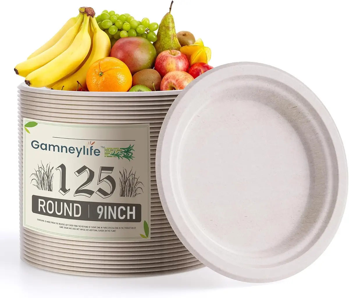 Gamneylife Paper Plates, 100% Compostable Paper plates(125-Pack Disposable Heavy-Duty Quality, Natural Bagasse Eco-Friendly Biodegradable Made of Sugar Cane Fiber (9 Inch)