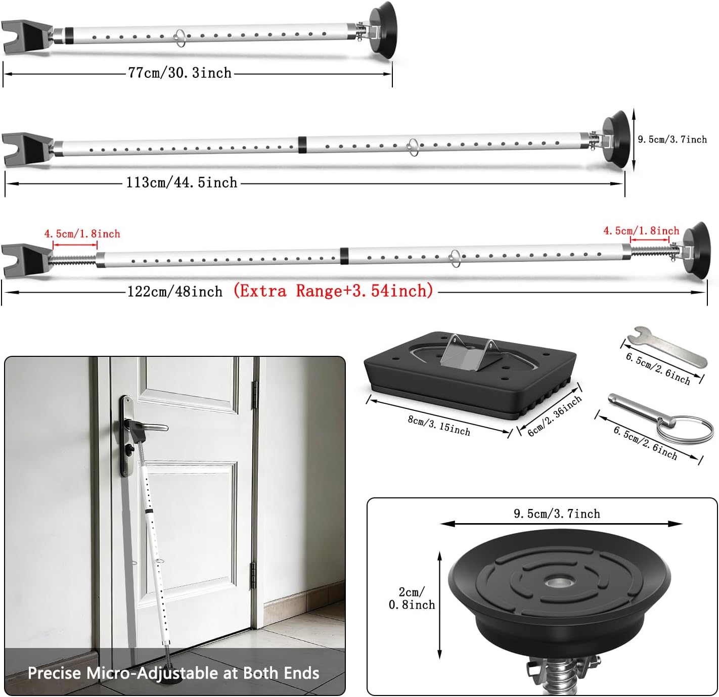 3-H Heavy Duty Door Security Bar,Patented Strong Suction Cup, Thickened Steel Door Jammer, Dual-Spin Adjustable 30.3-48 Inch Security Doors Stopper for Home Apartment Dorm,1 Pack & TPR Pad