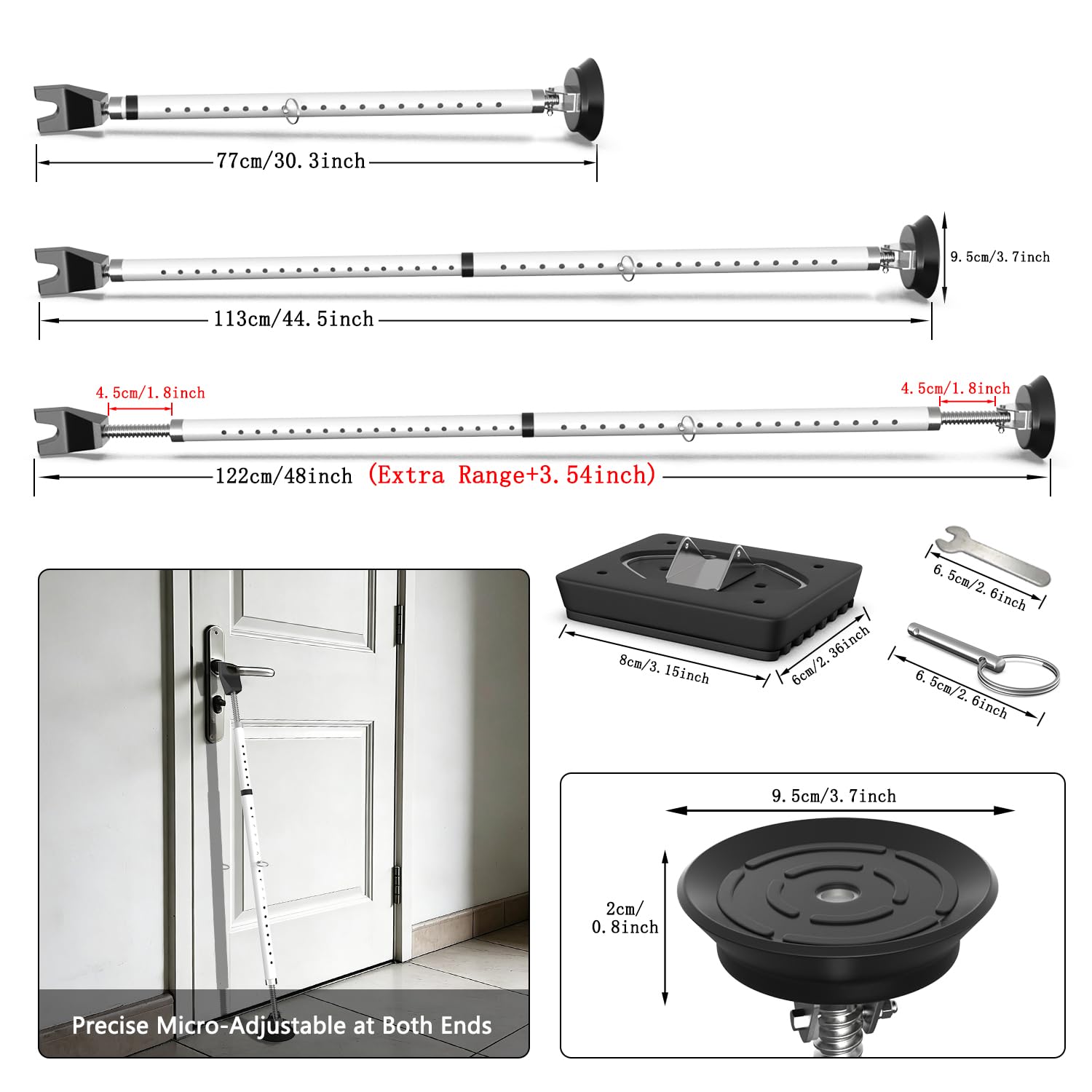 3-H Seguridad para puerta antirrobos sin taladrar, barra telescópica de 77 – 124 cm, barra de sujeción de acero con pie de goma antideslizante de repuesto, barra de seguridad para puertas de casa