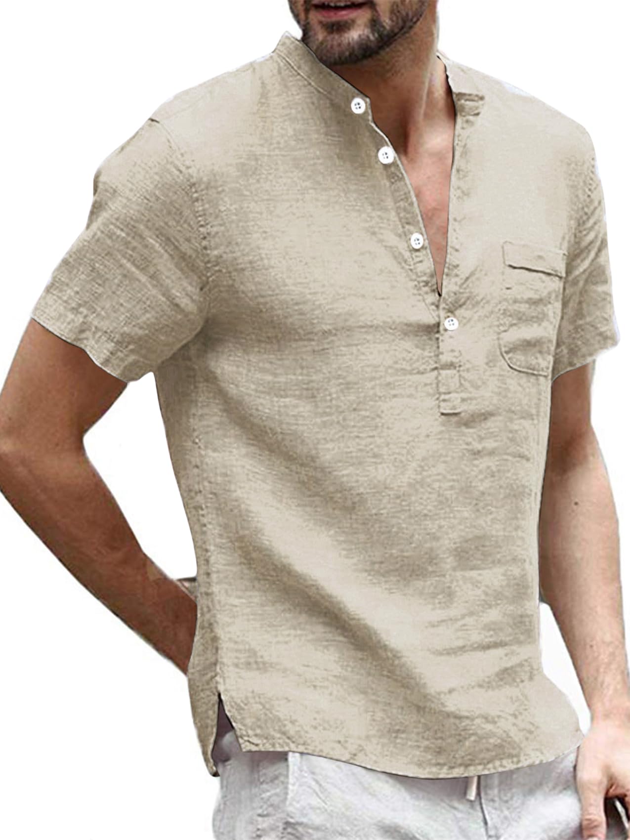 Runcati Herren Leinenhemd Henley Shirt Hemd Herren Kurzarm Freizeithemd Sommerhemd Business Shirts für Männer