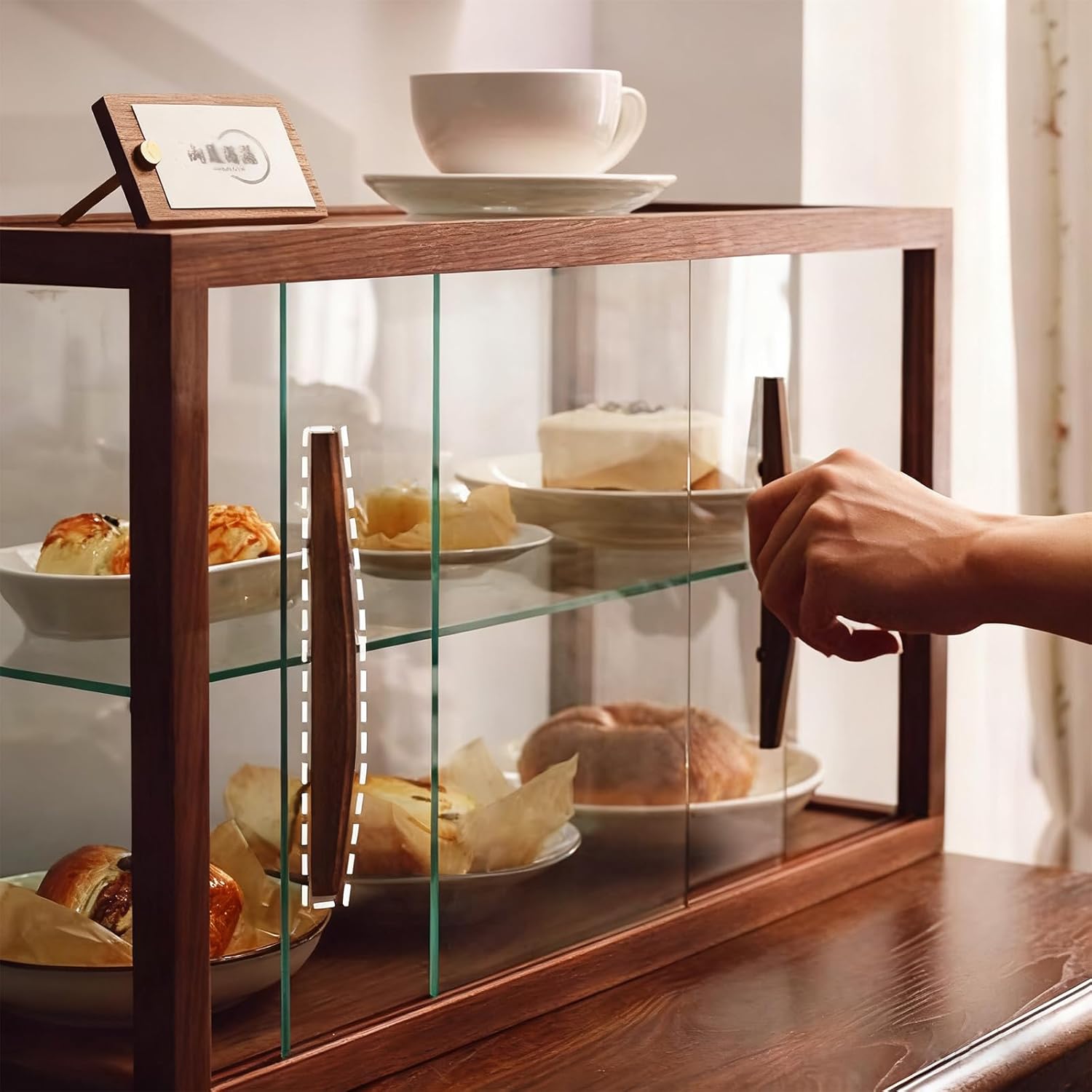 Bakery Display Case with Glass Doors, Double-Layer Wood Countertop Cabinet for Cookies, Desserts, Cupcakes and Teacups