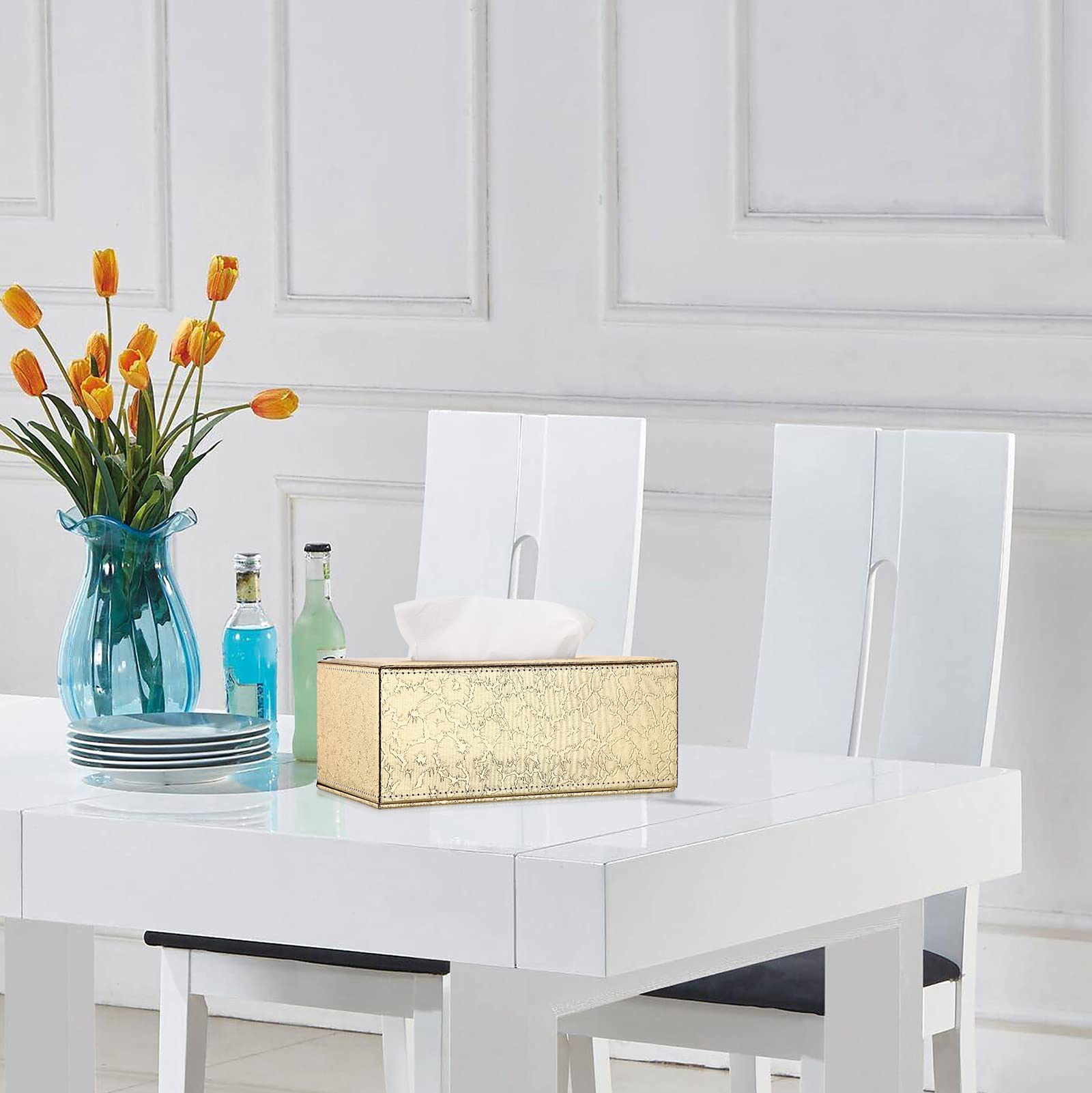 Taschentuchbox Rechteckige Kosmetiktücherbox Kunstleder Papiertaschentuchbox mit Goldener Blitz Taschentuchhalter 25x14x11cm Tissue Box für Esszimmer Wohnzimmer Schlafzimmer Auto Büro Hotel