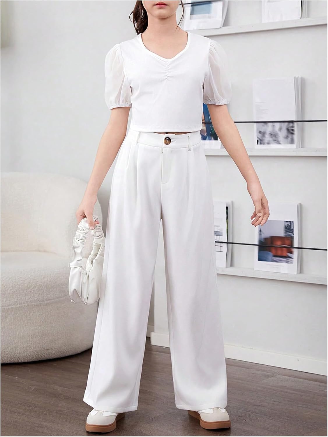 OYOANGLE Girl's Button Down Wide Leg Pants Elastic Waist Casual Solid Uniform Trousers