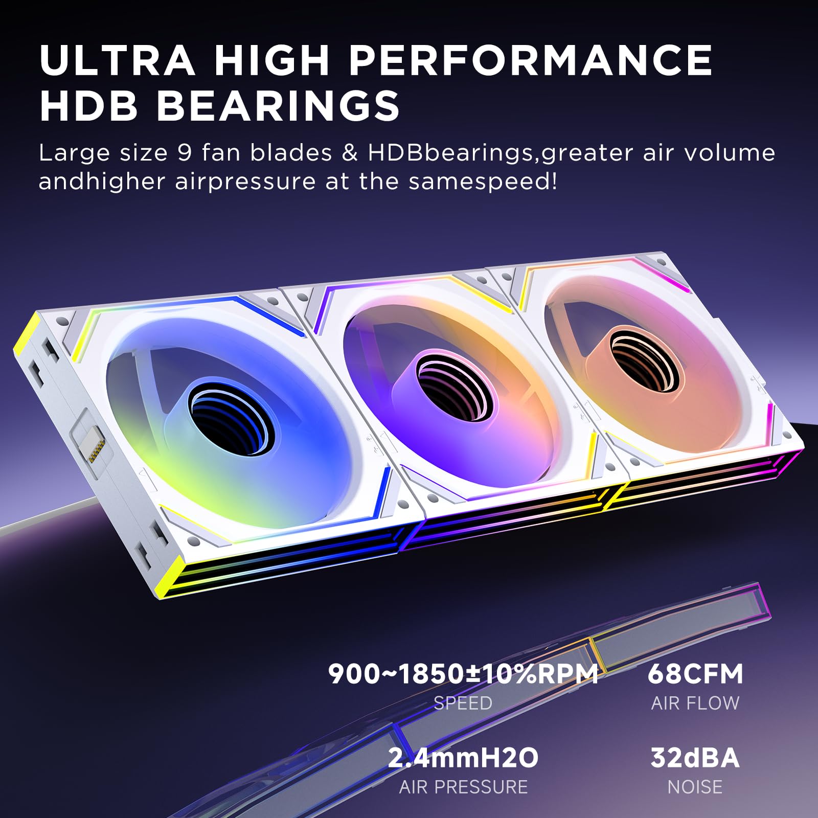 TZMRIT Interstellar-V2 Reverse Flow Daisy Chain RGB UNI Ventilateur PC 120mm 3 Pièces 1850RPM/68CFM Miroir infini 5V3PIN ARGB et 12V4PIN PWM Ventilateur Blanc