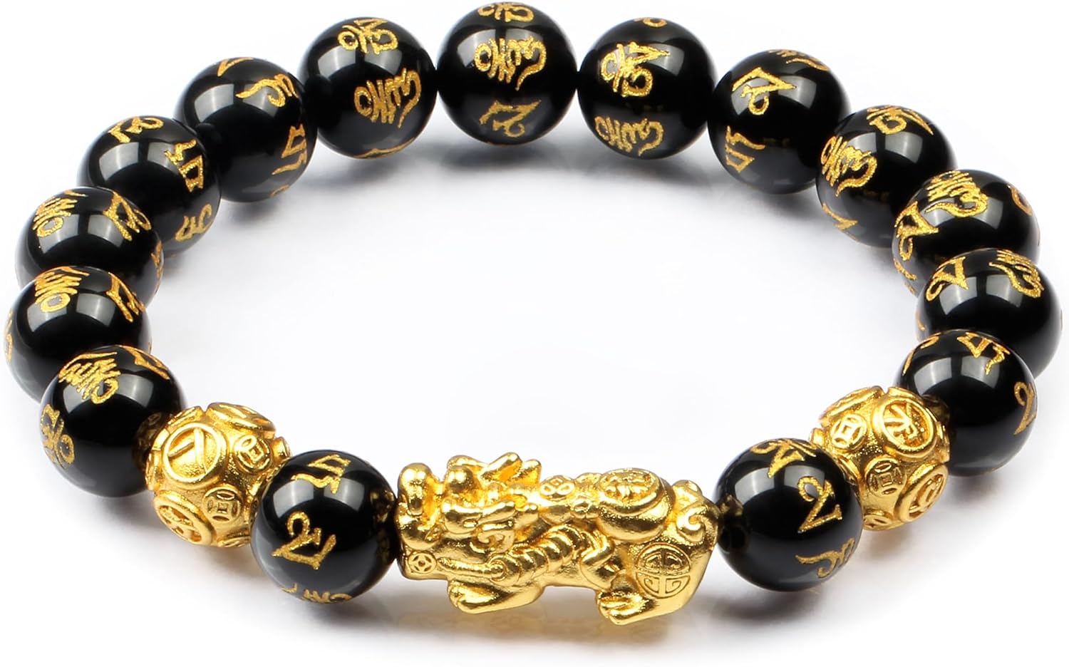 Feng Shui Obsidian bracelet, 24K Gold Plated Pixiu and Six Syllable Mantra of Buddhism brings Fortune and Good Luck, Healing and Protection bracelet, Elastic bracelet for Women and Men