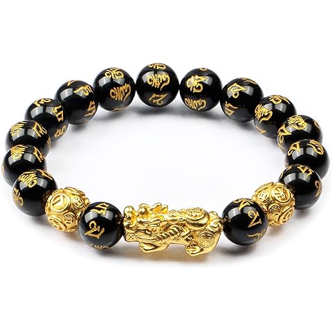 Feng Shui Obsidian bracelet, 24K Gold Plated Pixiu and Six Syllable Mantra of Buddhism brings Fortune and Good Luck, Healing and Protection bracelet, Elastic bracelet for Women and Men