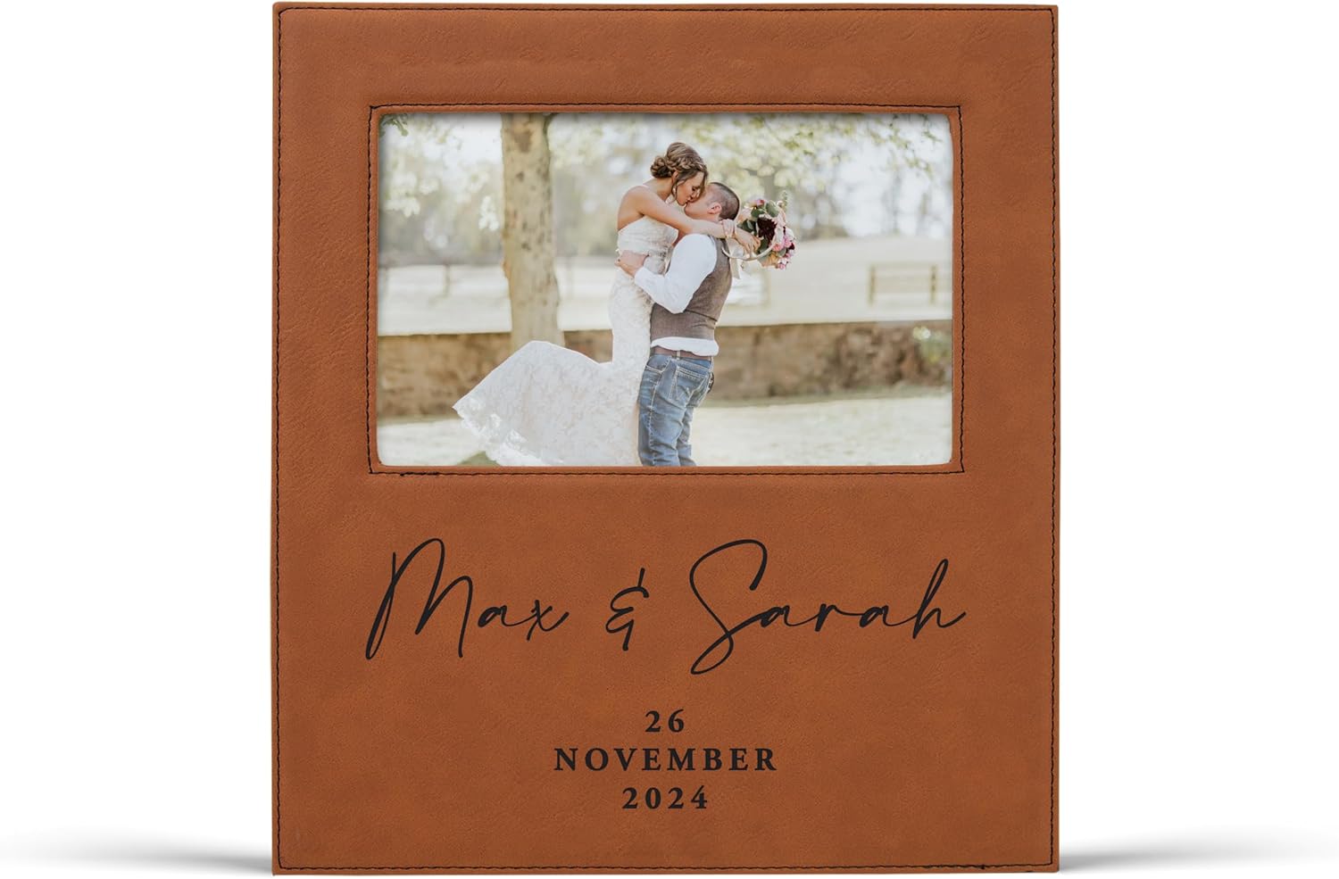 Personalized Married in Las Vegas Vegan Leather Photo Frame | Vegas Sign Couples Names Wedding Date Elopement Anniversary Keepsake (Married in Vegas - Black/Gold - 4x6 Photo)