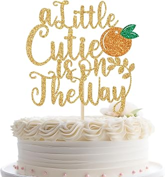 A Little Cutie is on the Way Gold Glitter Fruit Theme Baby Shower Cake Topper, 1pc, 5.2 x 5.6 inches