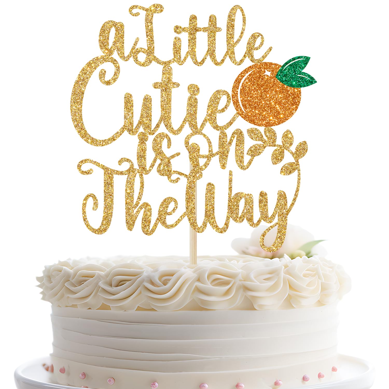 Jenrtvis A Little Cutie is on the Way Gold Glitter Fruit Theme Baby Shower Cake Topper, 1pc, 5.2 x 5.6 inches