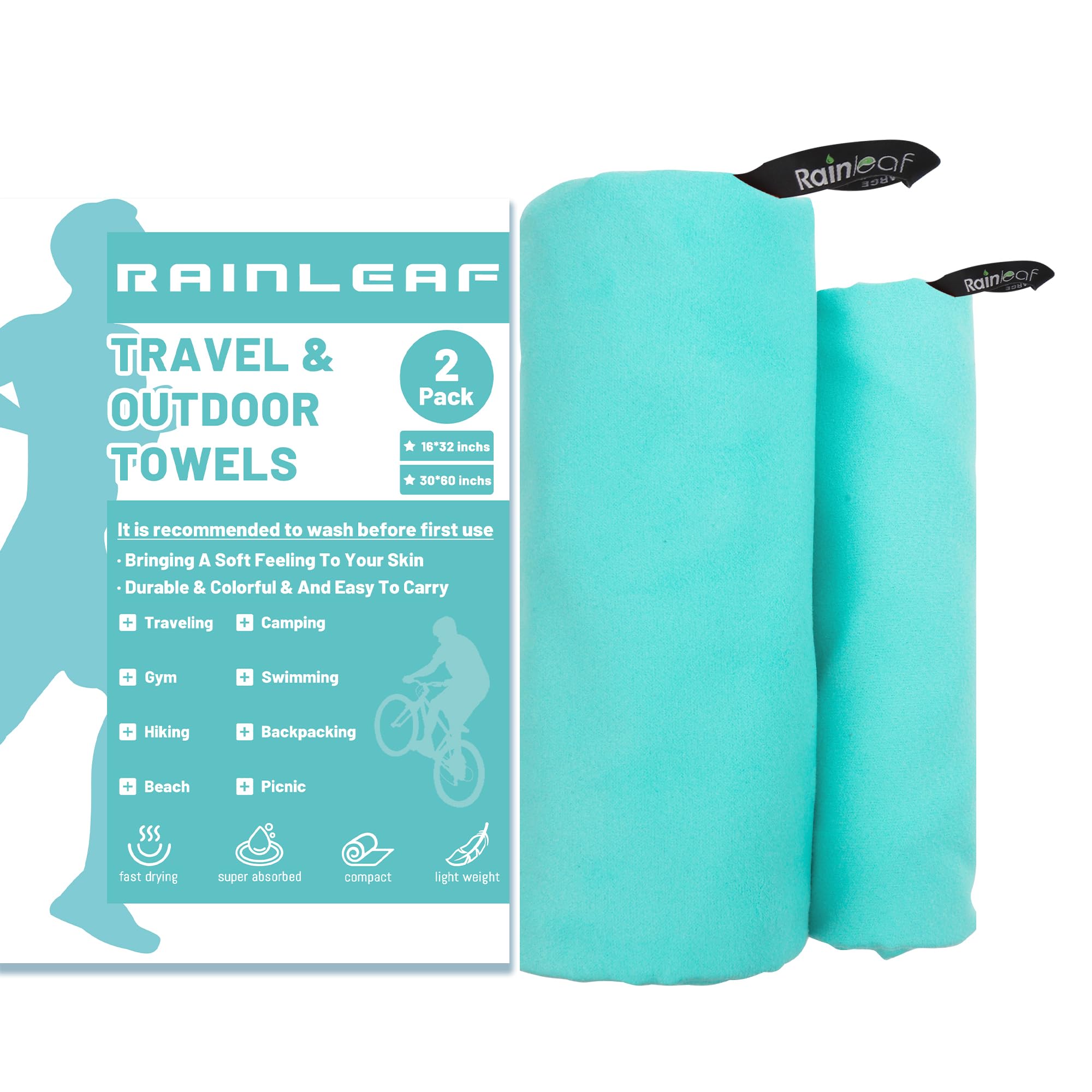 Rainleaf 2 Pack Microfiber Quick Dry Travel Towel, Super Absorben...
