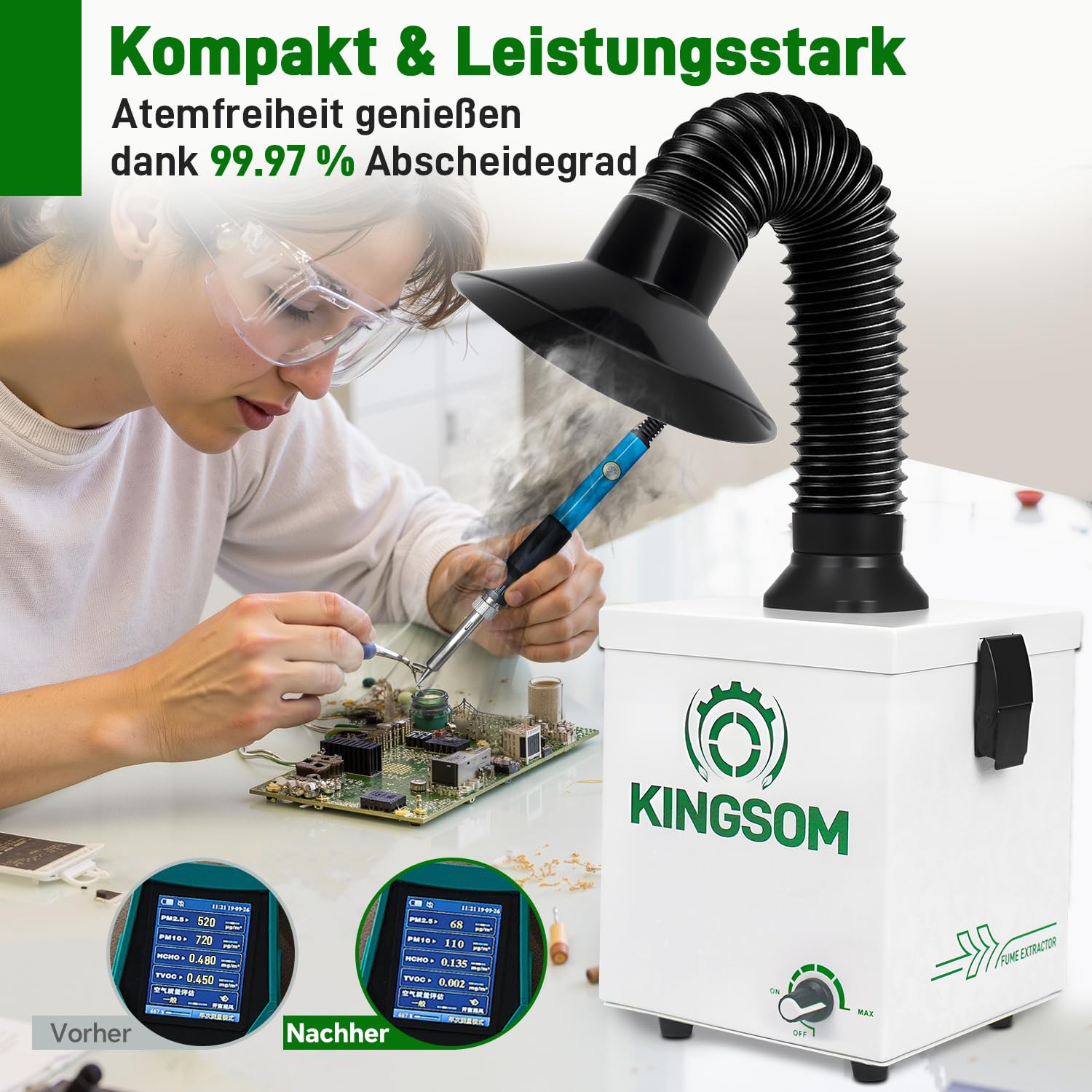 KINGSOM K7 Lötabsaugung [Schnelle] Lötrauchabsaugung, 2-in-1 HEPA & Aktivkohlefilter Löt Absaugung 99,97% Filtereffizienz, Starke Absauganlage für DIY-Tischlöten, Manuelle Holzbearbeitung Schnitzen
