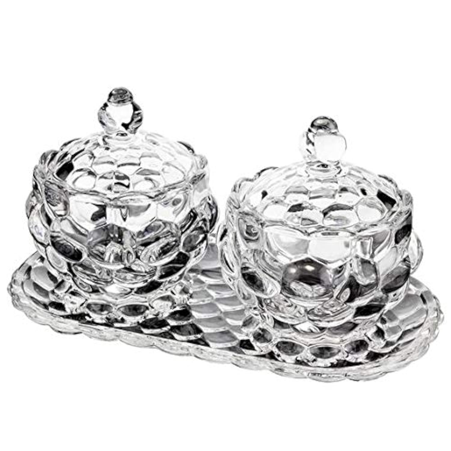 Crystal Glass Bubble Pattern Modern Candy Sugar Jar Serving Bowl with Tray (Clear) - Set of 3 Pieces