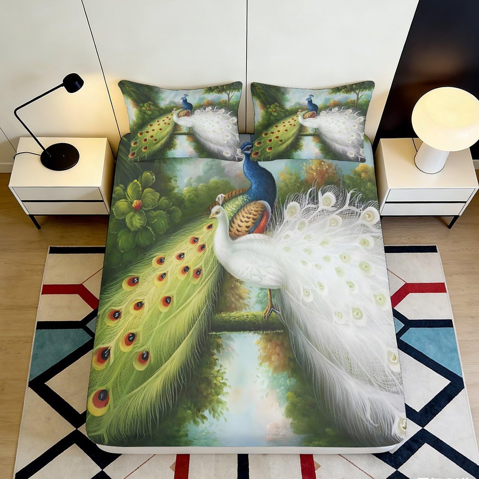 3D Printed Peacock Garden Fitted Sheet Microfiber Soft Mattress Cover Art Decor for Bedroom Dorm Guest Room 90x200x25cm