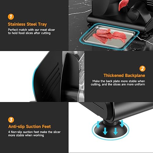 Miniatura 6 de Rebanadora de carne de 200 W con dos cuchillas de 7.5 pulgadas y una bandeja de acero inoxidable para uso doméstico, cortador eléctrico de alimentos