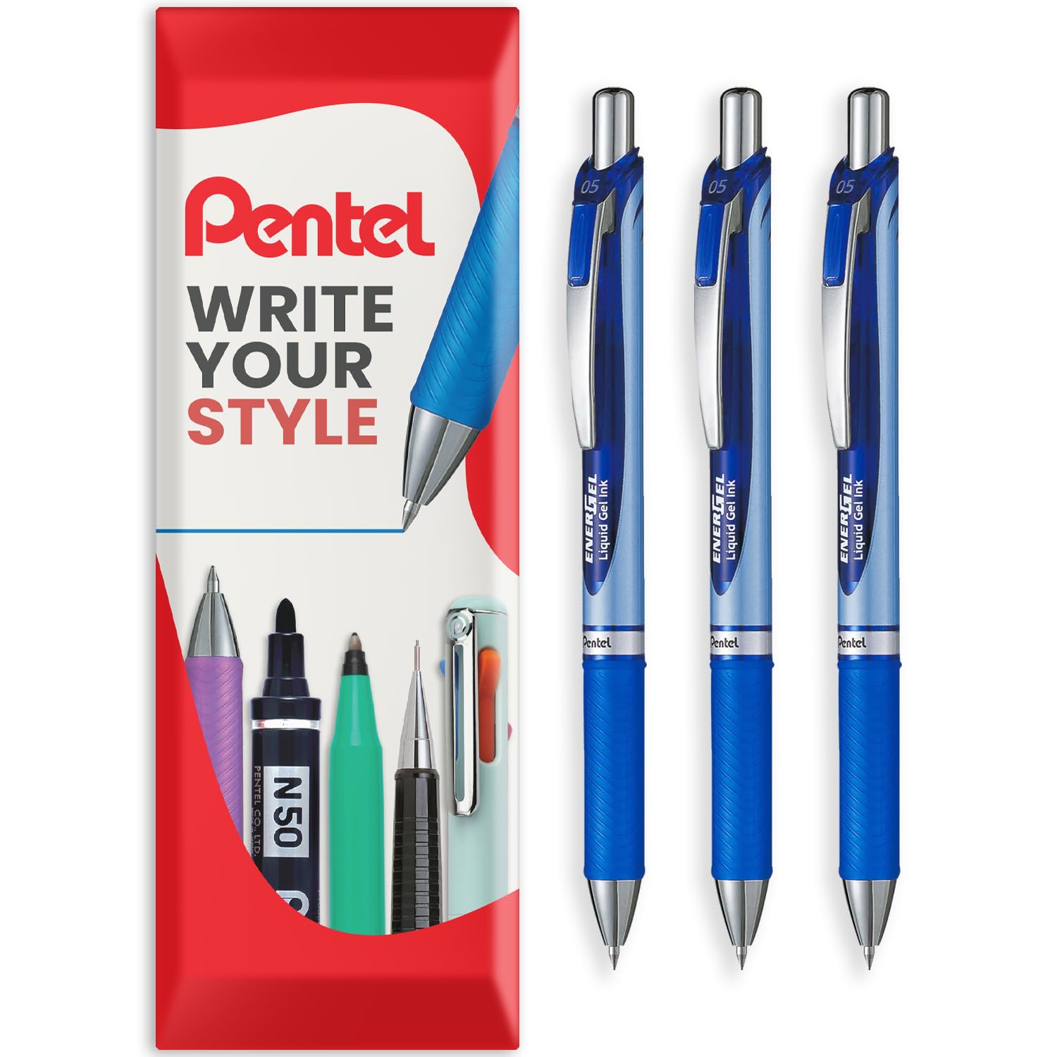 Pentel Energel BLN75 Retractable Gel Ink Rollerball Pen - 0.5mm - 54% Recycled - In Envelope Gift Packaging (Blue Pack of 3)