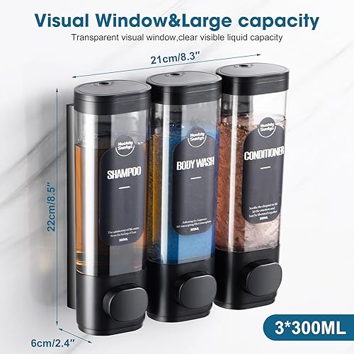 Miniatura 4 de Dispensador de champú y acondicionador, dispensador de jabón de ducha, 3 cámaras, sin taladro, para montaje en pared, dispensador de champú para