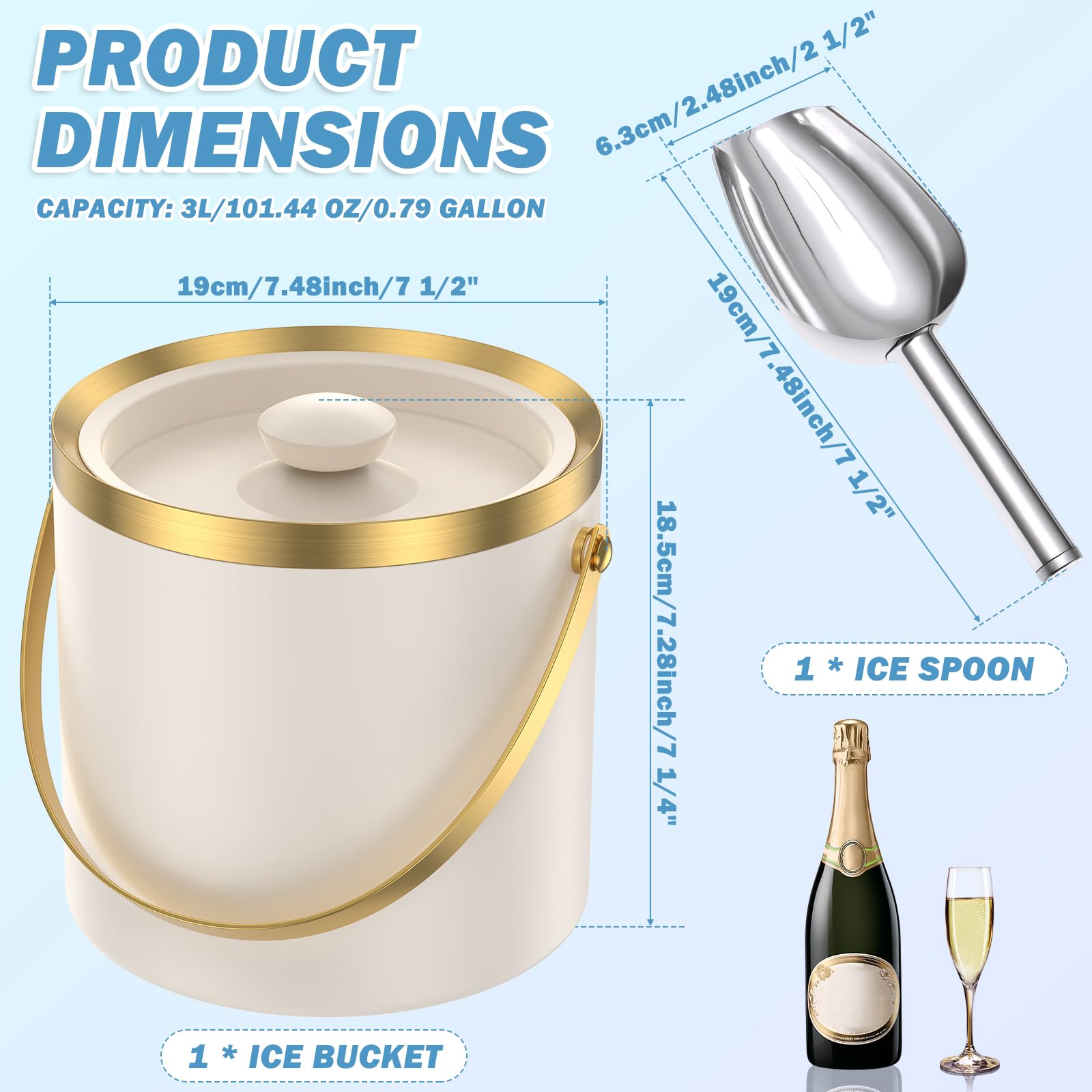 Seau à glaçons en acier inoxydable de 3 l, seau à glace avec couvercle et pelle, double paroi sans BPA, idéal pour refroidir la bière, le champagne et le vin (blanc/doré)