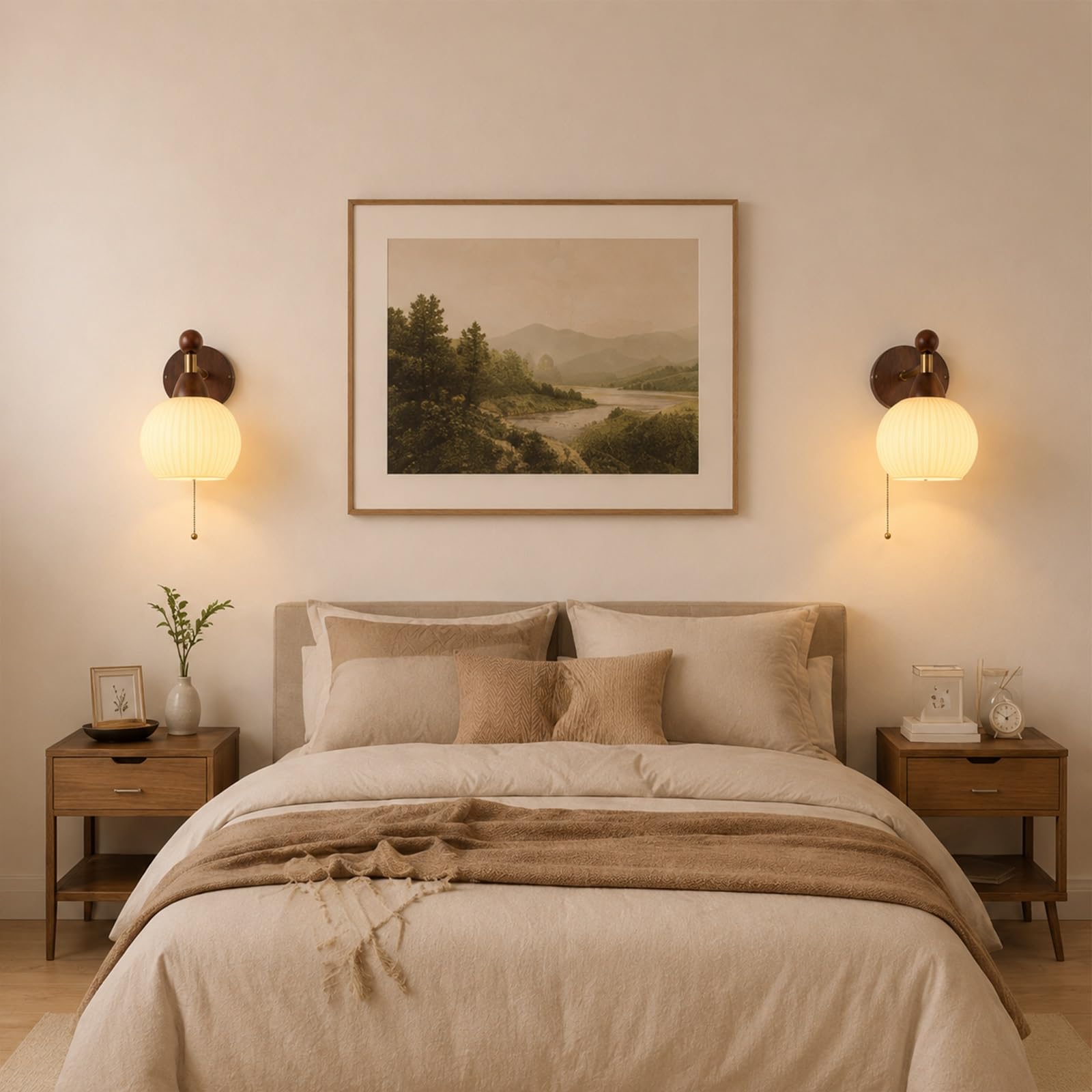 Jadssox Drewniany Kinkiet Ścienny Z Przełącznikiem Na Łańcuszku, Lampa Do Montażu Na Ścianie W Stylu Vintage, Oprawa Ścienna Z Kloszem Ze Szkła Białego Mleka, Kinkiety Do Salonu W Sypialni