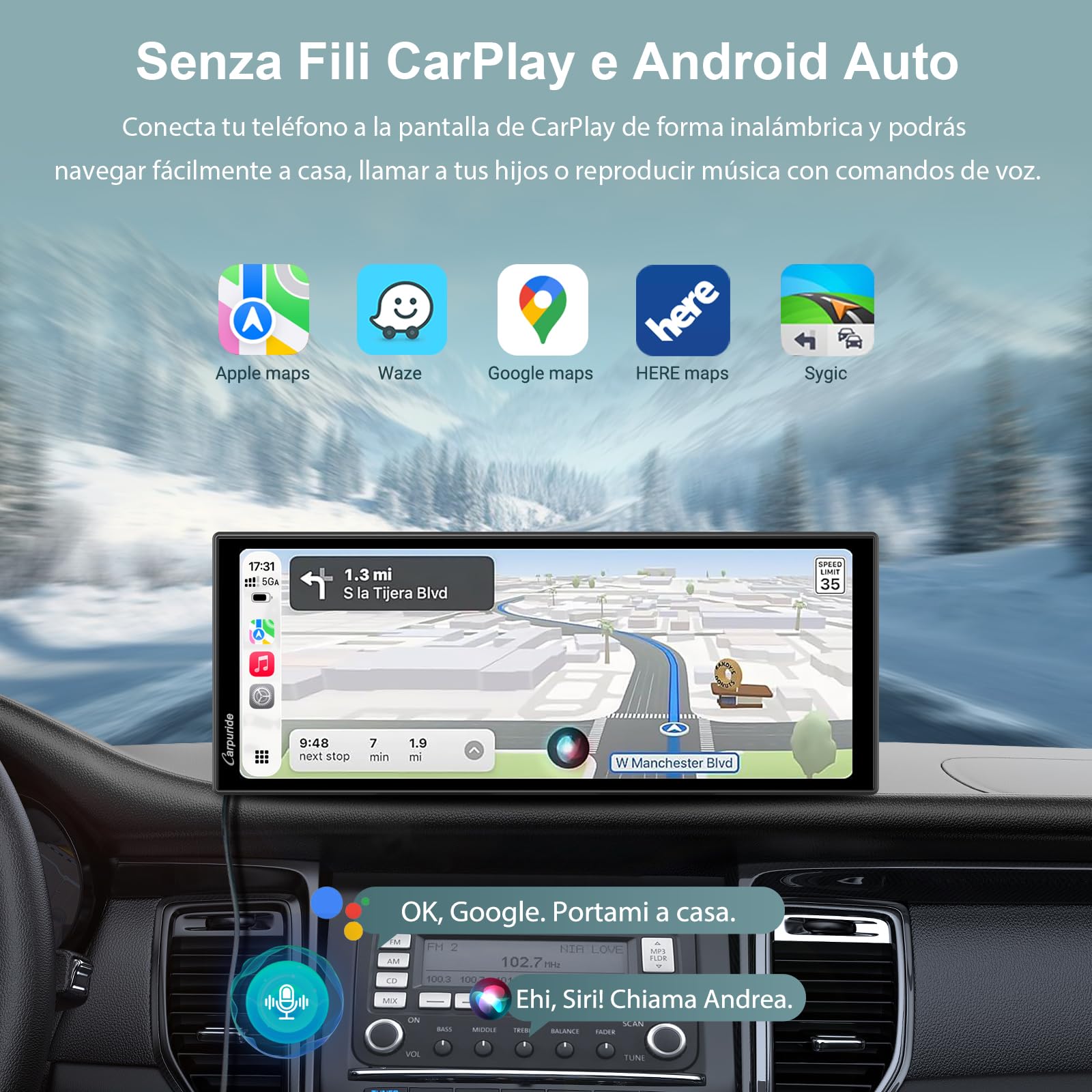 Carpuride W125P CarPlay Schermo con Net-flix YouTube, Senza Fili Carplay & Android Auto, 11,26" HD Tattile Schermo con Telecamera Posteriore, Android OS, Schermo Diviso, OTA, BT/FM/AUX, Nav/Siri.