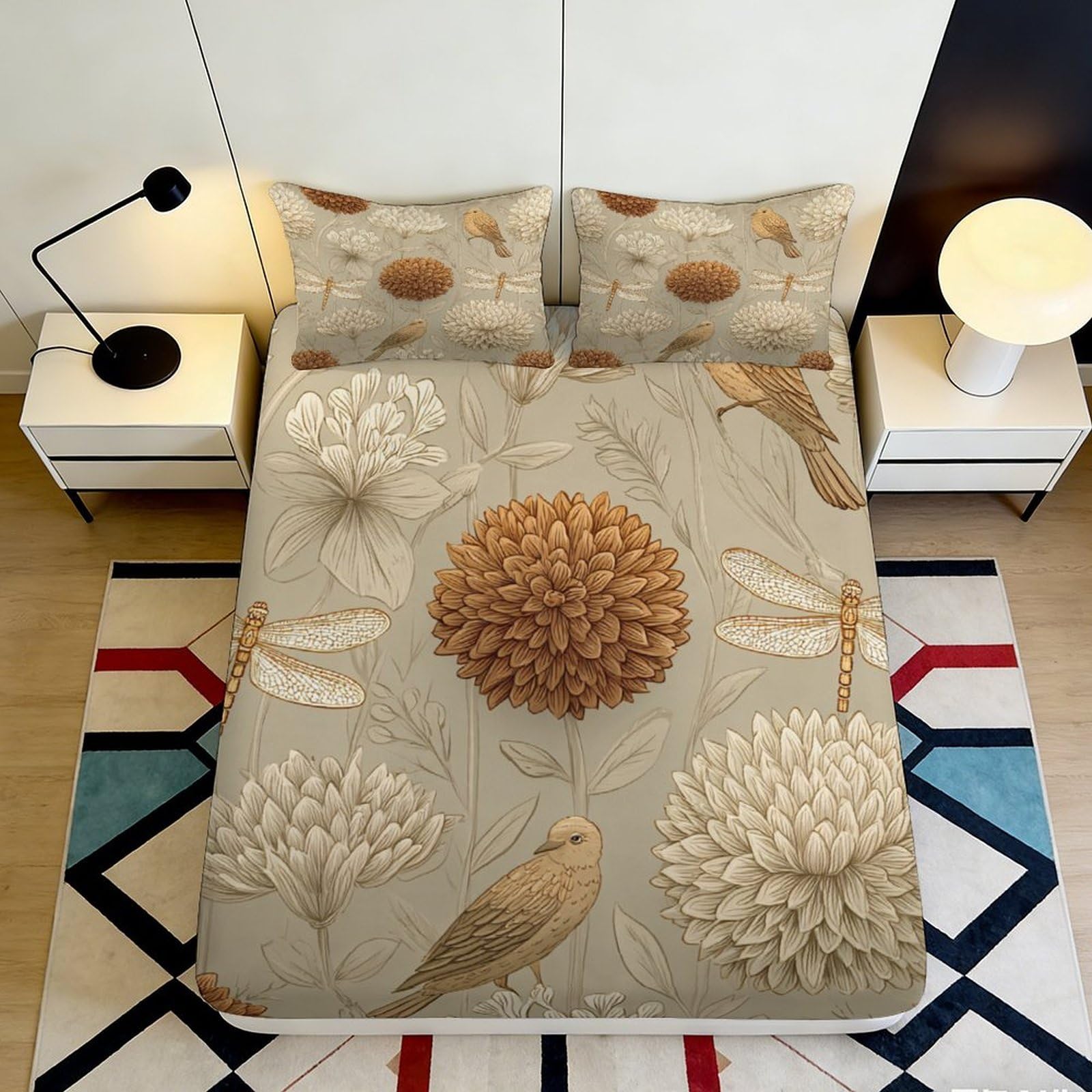 3D Printed Floral Bird Fitted Sheet Microfiber Soft Beige Botanical Dragonfly Mattress Cover Bedroom Decor 90x200x25cm