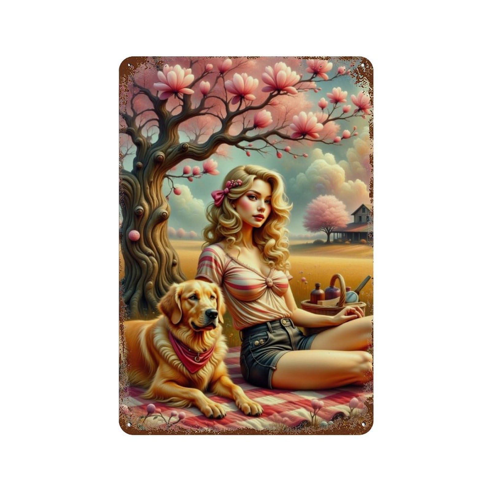 Spring Picnic with Golden Retriever Rust Effect Tin Sign 11.8"x7.9", Industrial Home Decor for Garage, Pub Or Kitchen