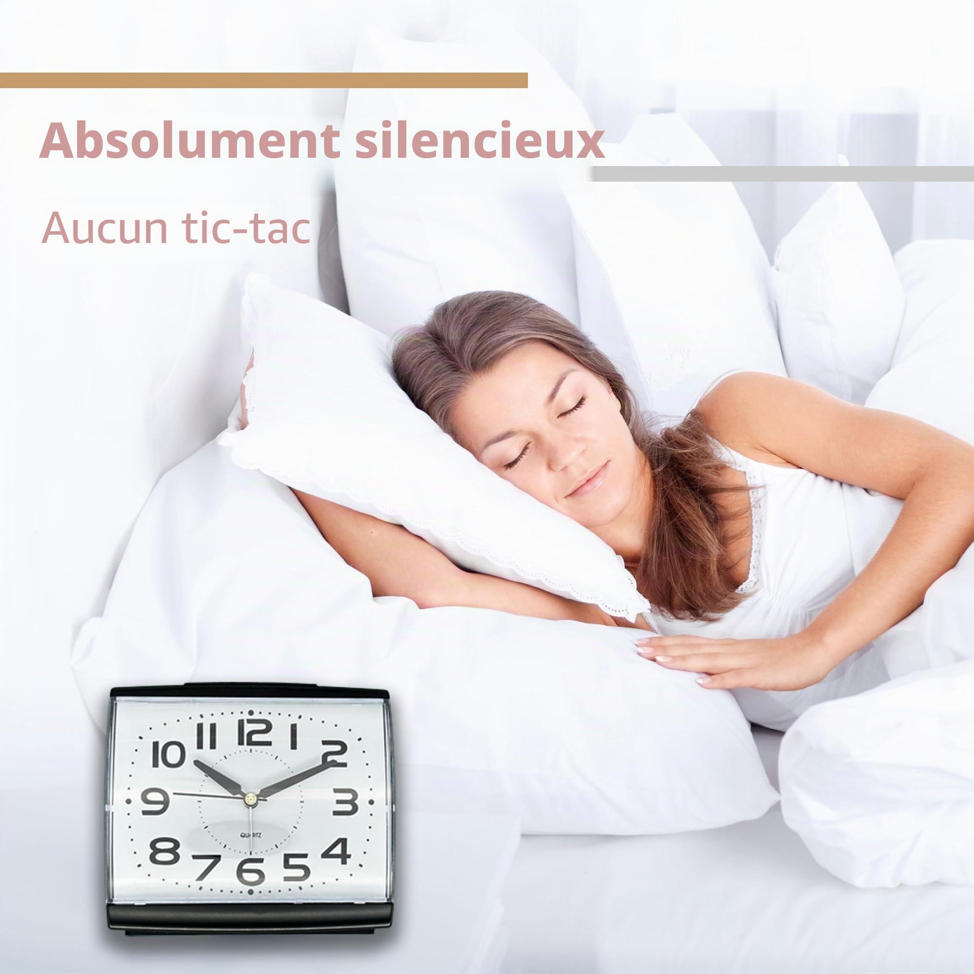 A5 - Réveil silencieux sans tic-tac, grande taille, horloge analogique avec veilleuse, fonction snooze, alimentation par piles, design Art déco, idéal pour toutes décos
